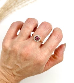 Antique 18ct Yellow Gold, Edwardian Ruby & Diamond Daisy Cluster Ring