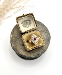 Antique 18ct Yellow Gold, Edwardian Ruby, Diamond & Pearl Marquise Ring