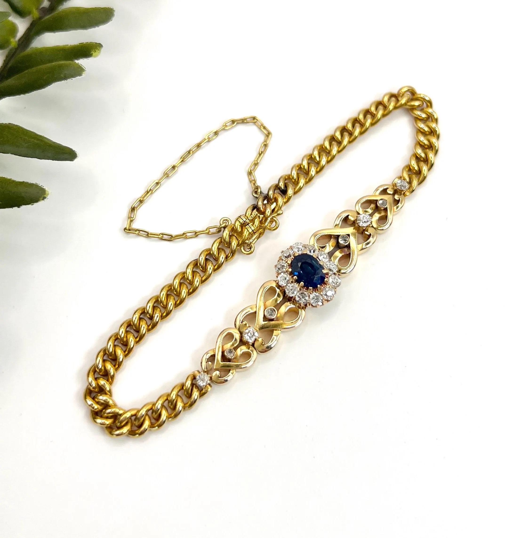 Antique 18ct Yellow Gold, Edwardian Sapphire & Diamond Cluster Heart Bracelet For Sale 1
