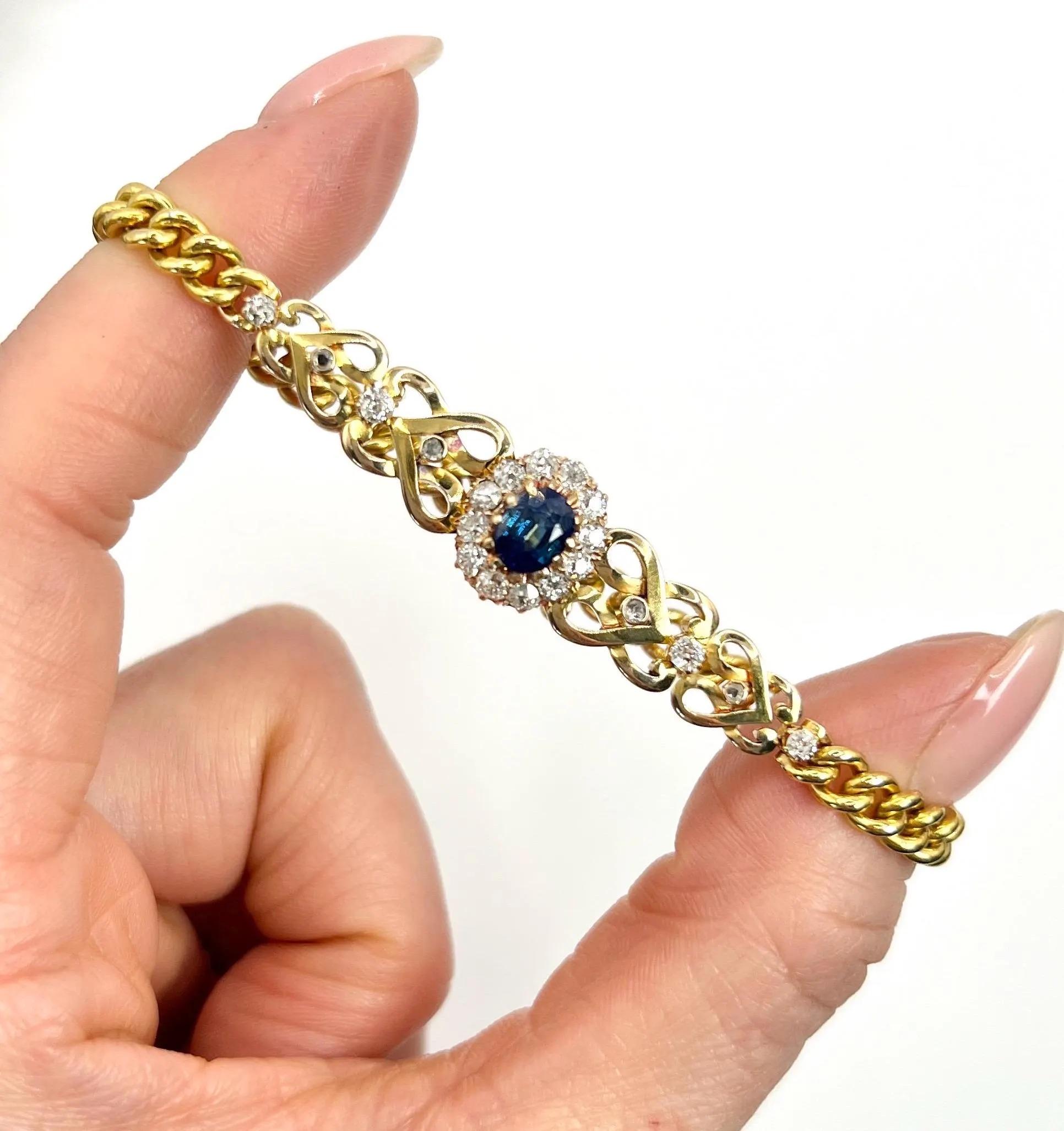 Antique 18ct Yellow Gold, Edwardian Sapphire & Diamond Cluster Heart Bracelet For Sale 3