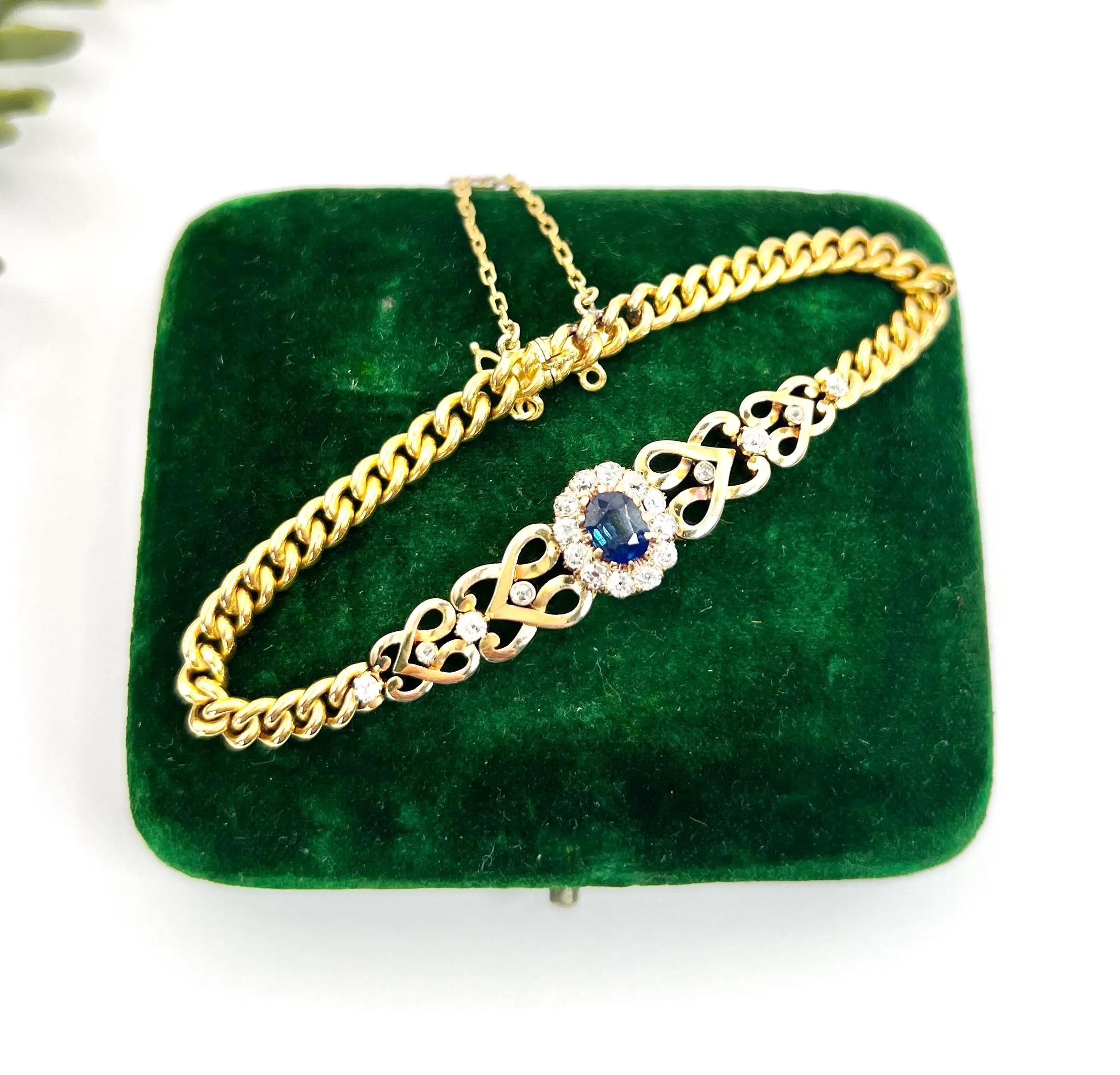 Antique 18ct Yellow Gold, Edwardian Sapphire & Diamond Cluster Heart Bracelet For Sale 4