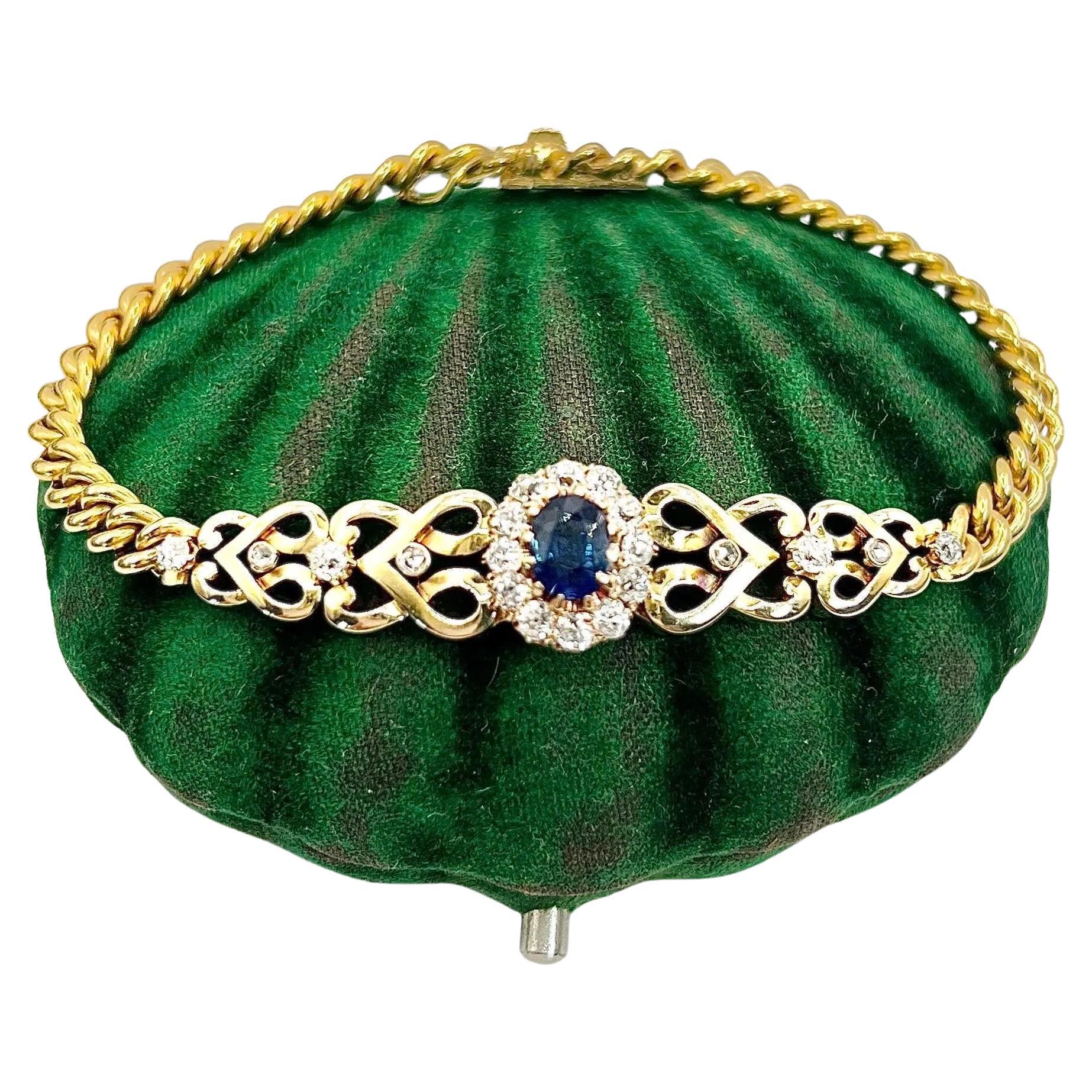 Antique 18ct Yellow Gold, Edwardian Sapphire & Diamond Cluster Heart Bracelet