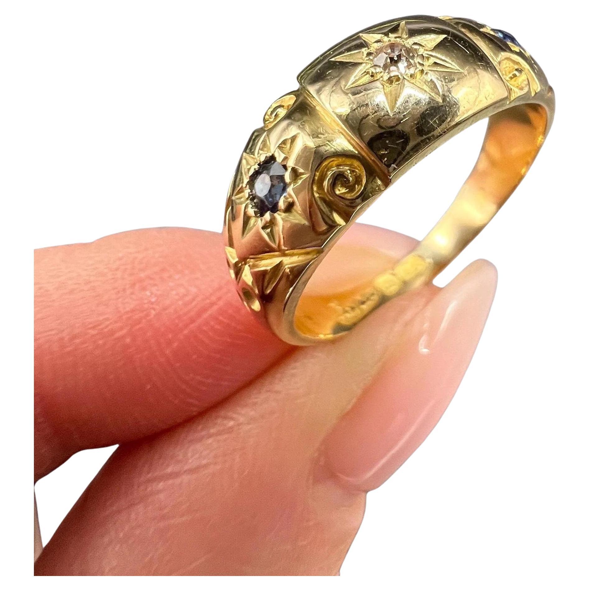 Antique 18ct Yellow Gold Edwardian Star Set Sapphire & Diamond 3 Stone Band Ring