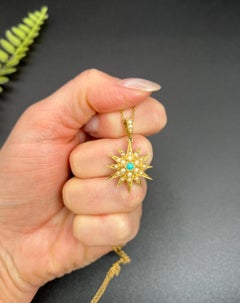 Antique 18ct Yellow Gold, Edwardian Turquoise & Pearl Starburst Pendant / Brooch