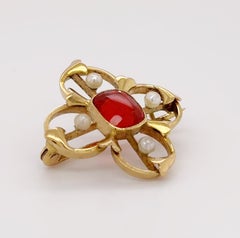 Antique 18ct Gold Fire Opal & Pearl Quatrefoil Brooch, Circa 1900