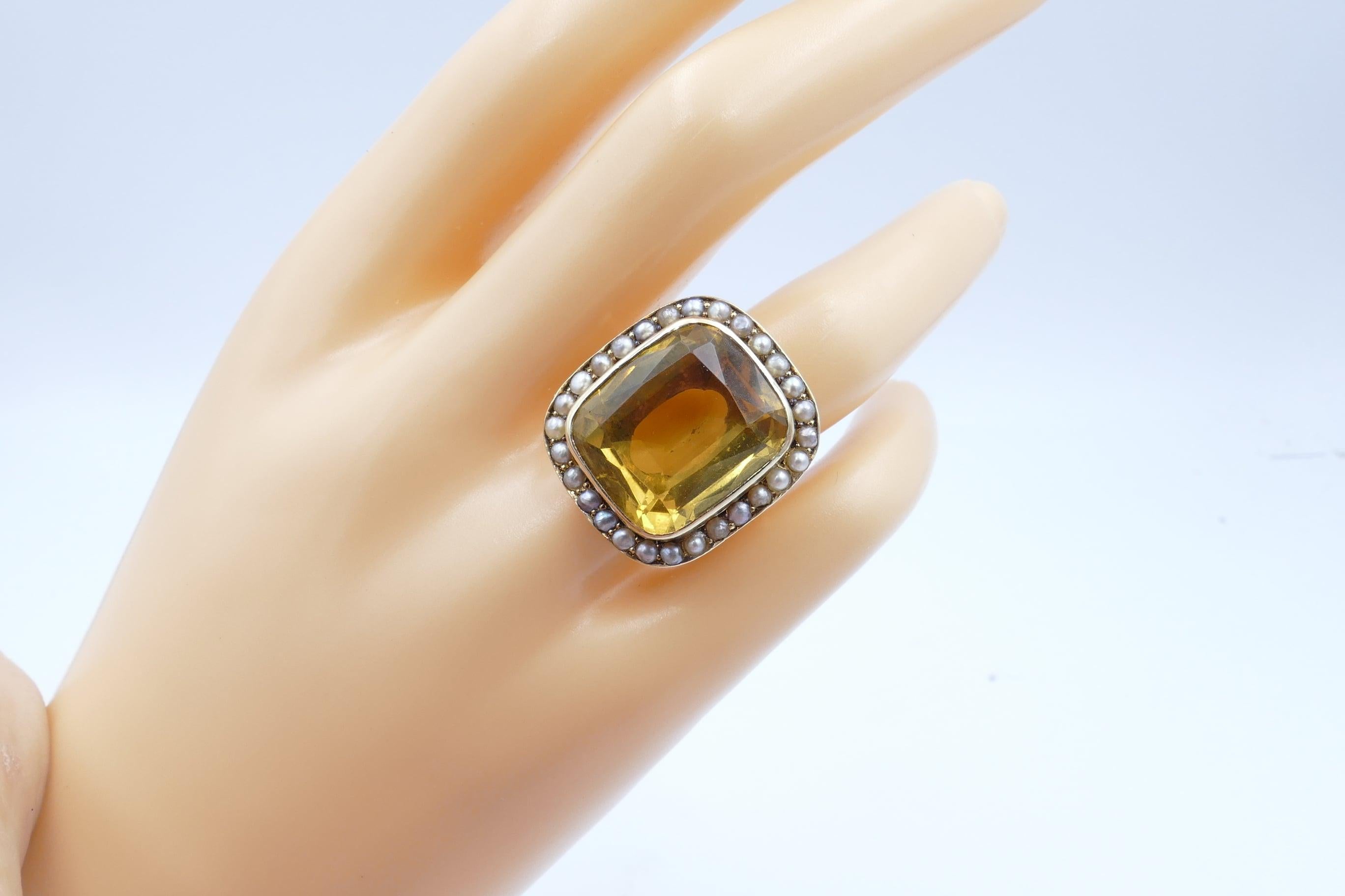 Women's or Men's Antique 18 Carat Yellow Gold Large Citrine and Pearl Cocktail Ring For Sale