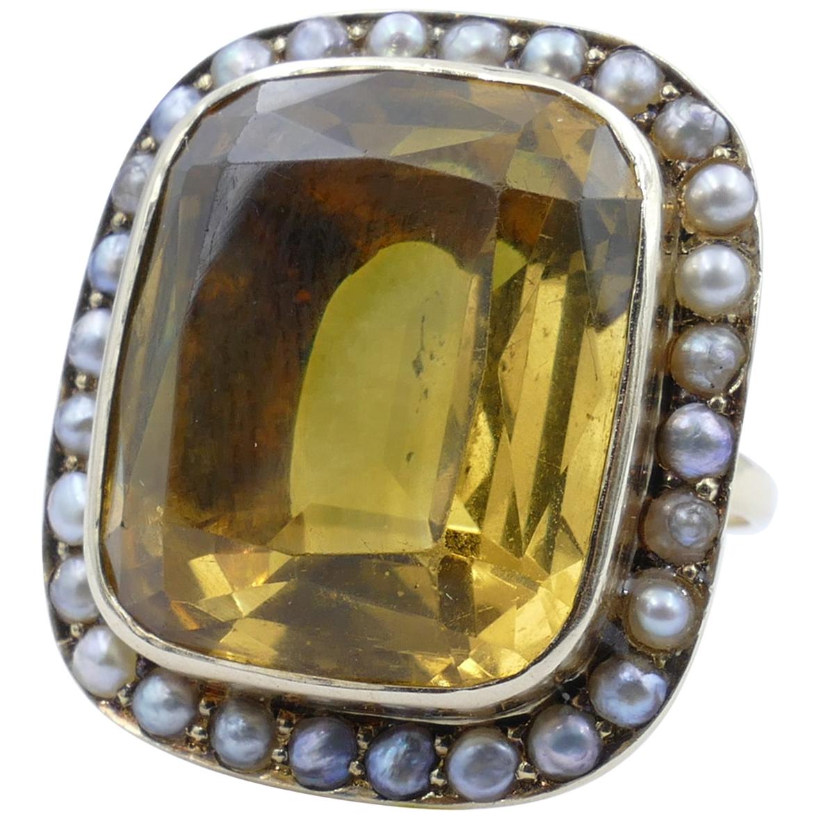 Antique 18 Carat Yellow Gold Large Citrine and Pearl Cocktail Ring For Sale