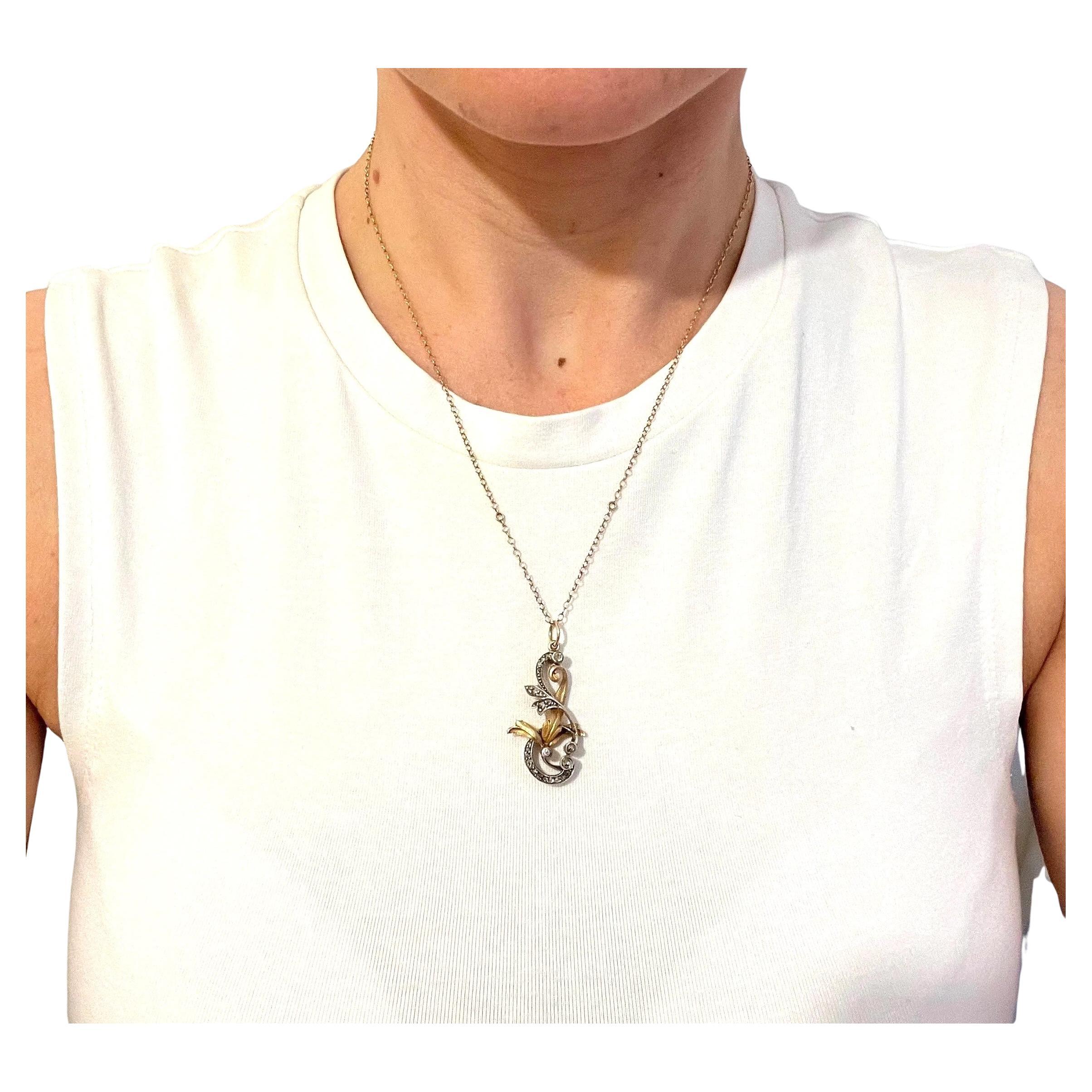Antique 18ct Yellow Gold 
Platinum, Art Nouveau Diamond Pendant For Sale