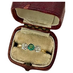 Antique 18ct Yellow Gold & Platinum Circa 1910 3 Stone Emerald and Diamond Ring