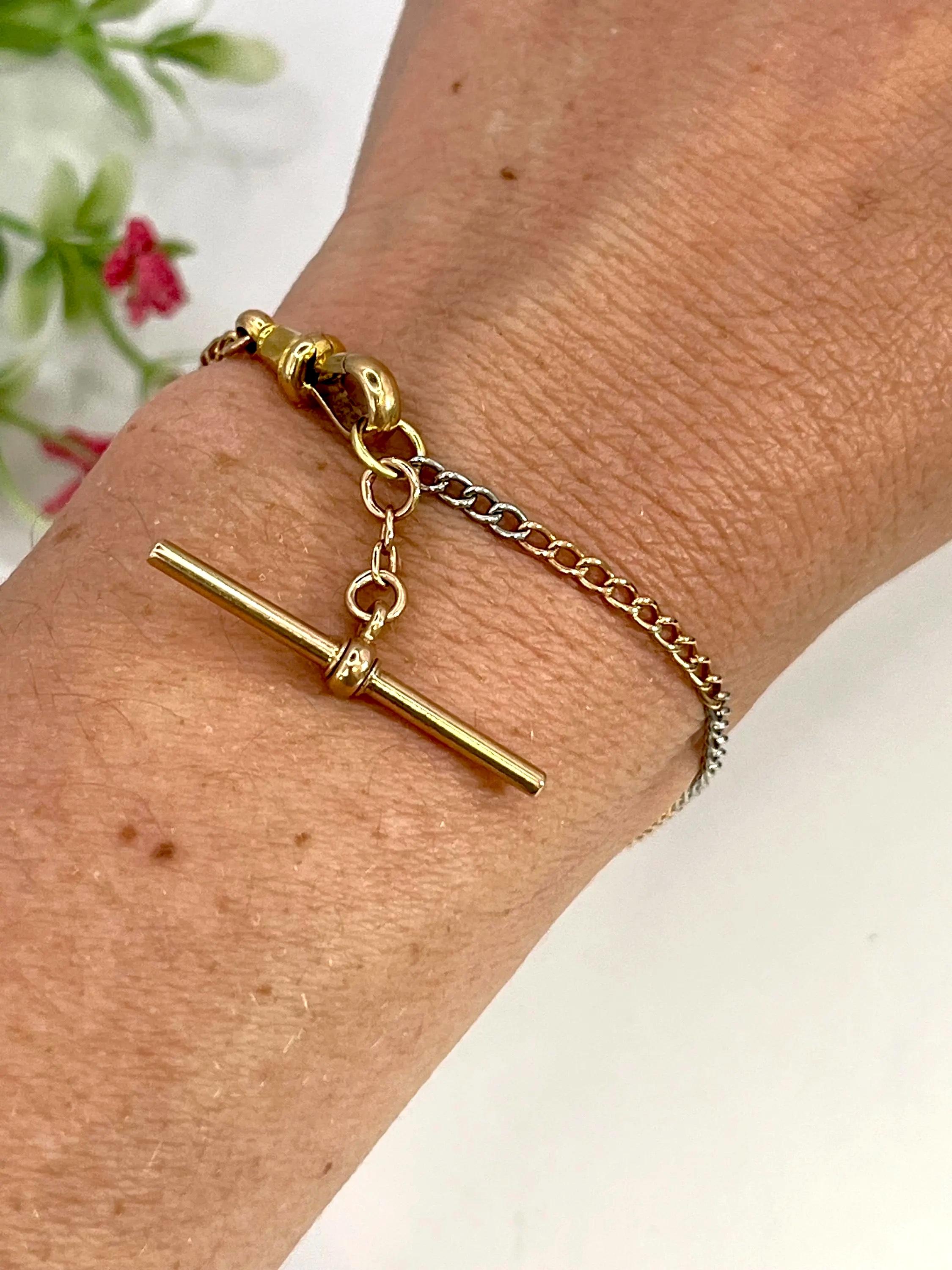 Antiguo brazalete de eslabones con barra en T, de oro amarillo de 18 ct y platino, circa 1910 en venta 7
