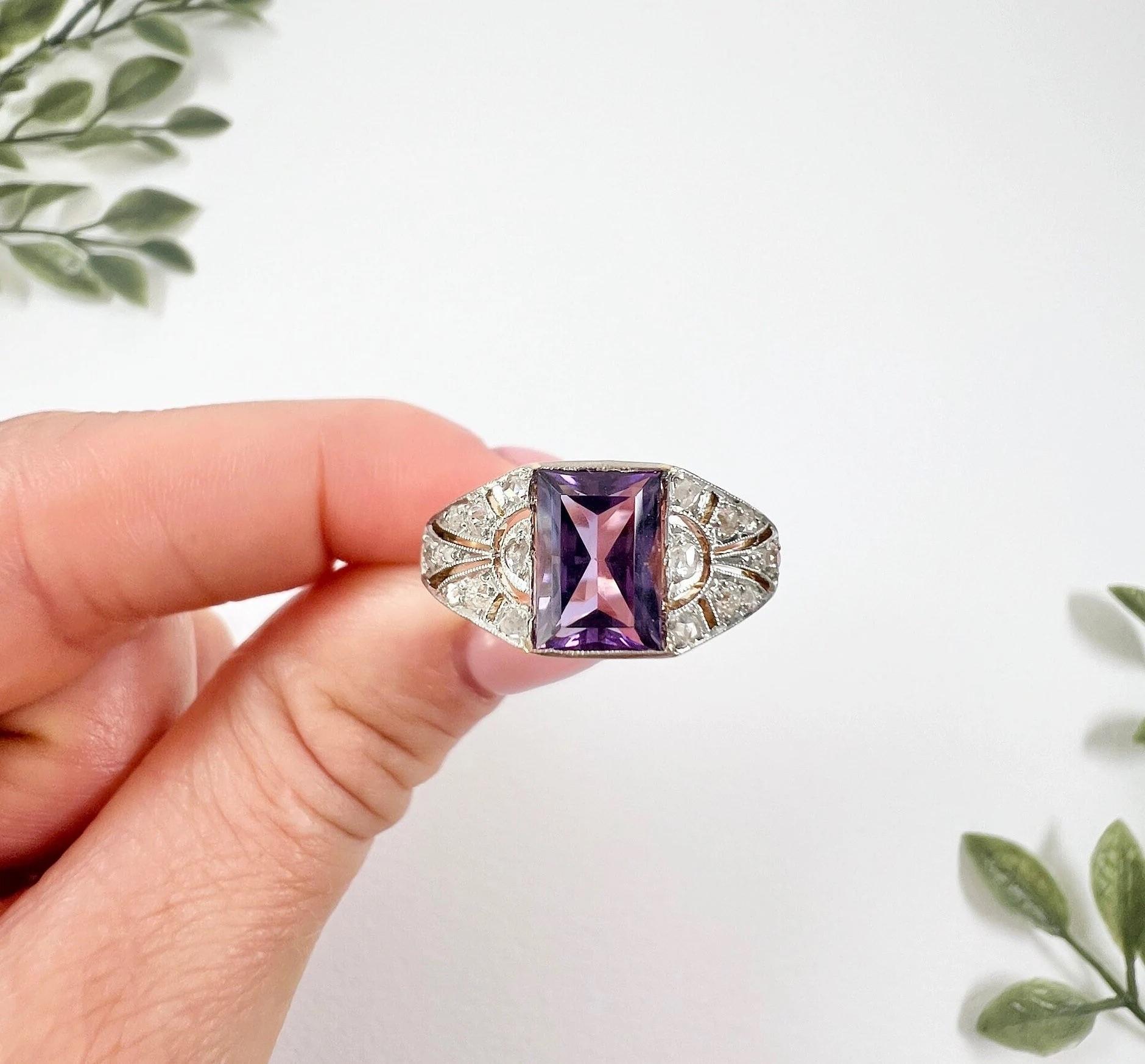 Antique 18ct Yellow Gold & Platinum, Edwardian Amethyst and Diamond Ring For Sale 6