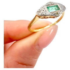 Antique 18ct Yellow Gold & Platinum, Edwardian Emerald and Diamond Ring