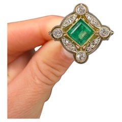 Antique 18ct Yellow Gold & Platinum, Edwardian era Emerald and Diamond Halo Ring