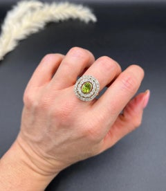 Antique 18ct Yellow Gold & Platinum, Edwardian Peridot and Diamond Halo Ring