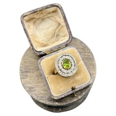 Antique 18ct Yellow Gold & Platinum, Edwardian Peridot and Diamond Halo Ring