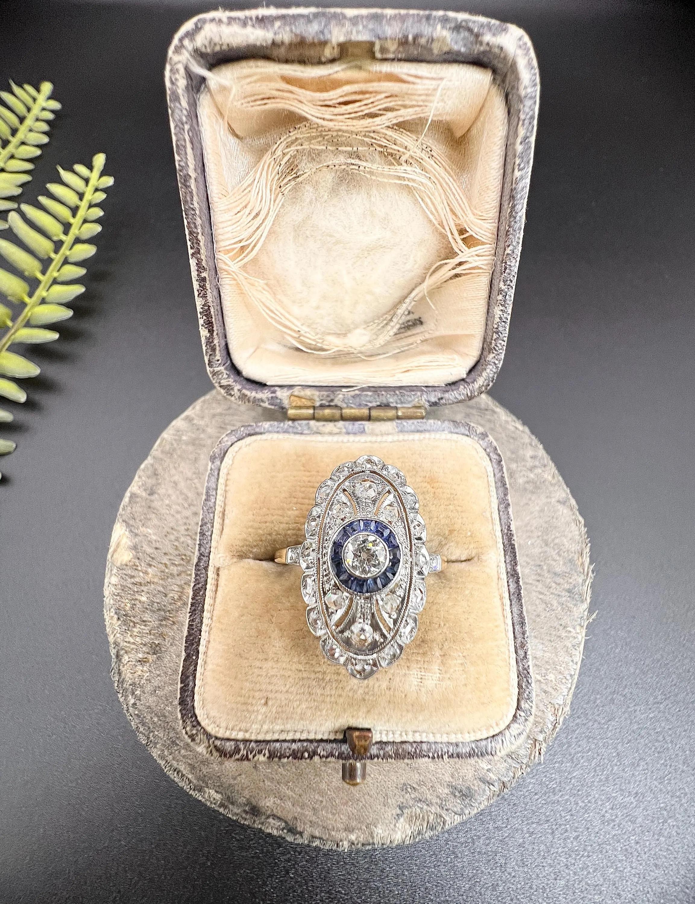 Édouardien Bague cible édouardienne ancienne en or jaune 18 carats et platine, saphirs et diamants en vente