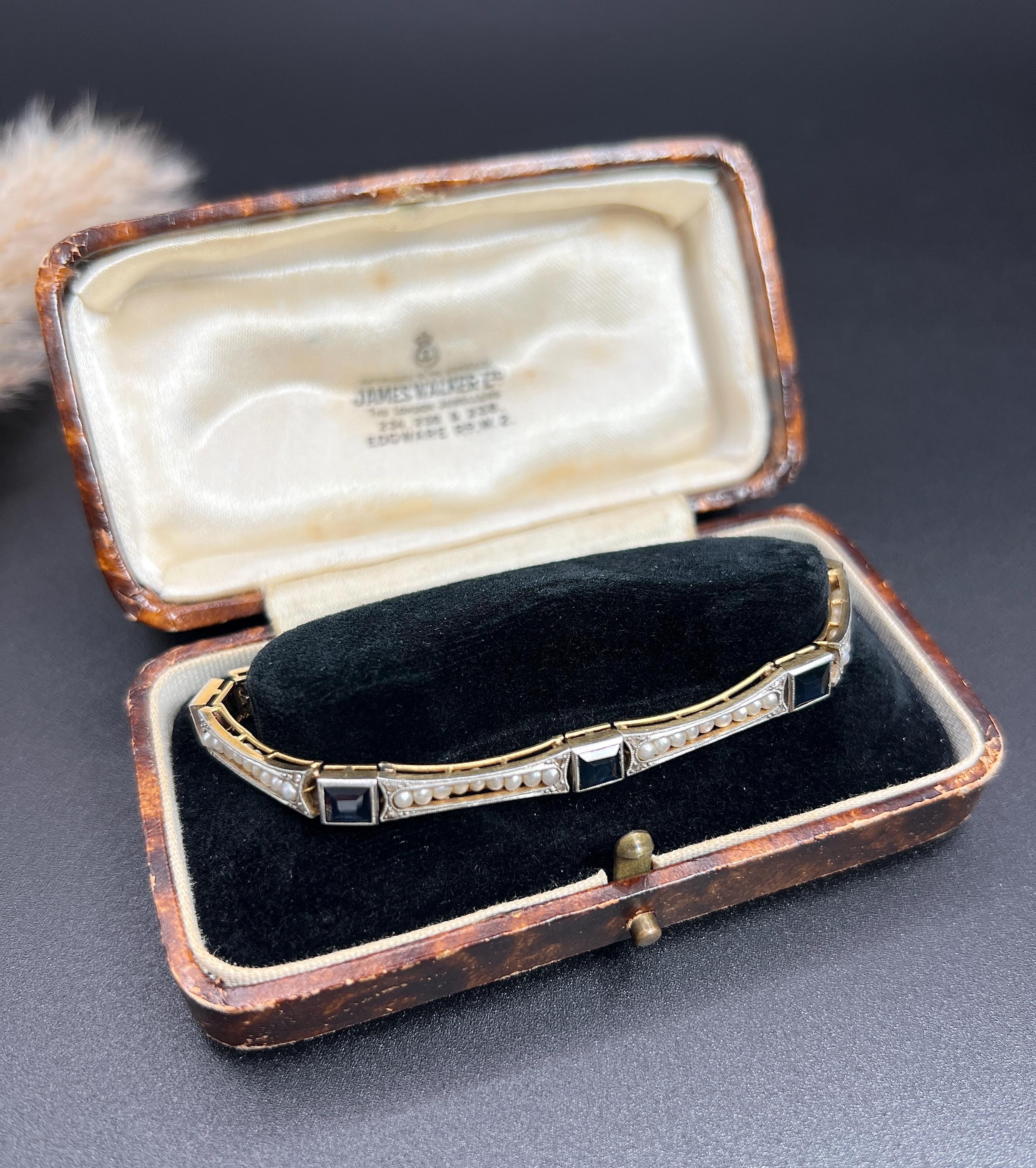 Antique 18ct Yellow Gold & Platinum, Edwardian Sapphire and Seed Pearl Bracelet In Good Condition For Sale In Brighton, GB