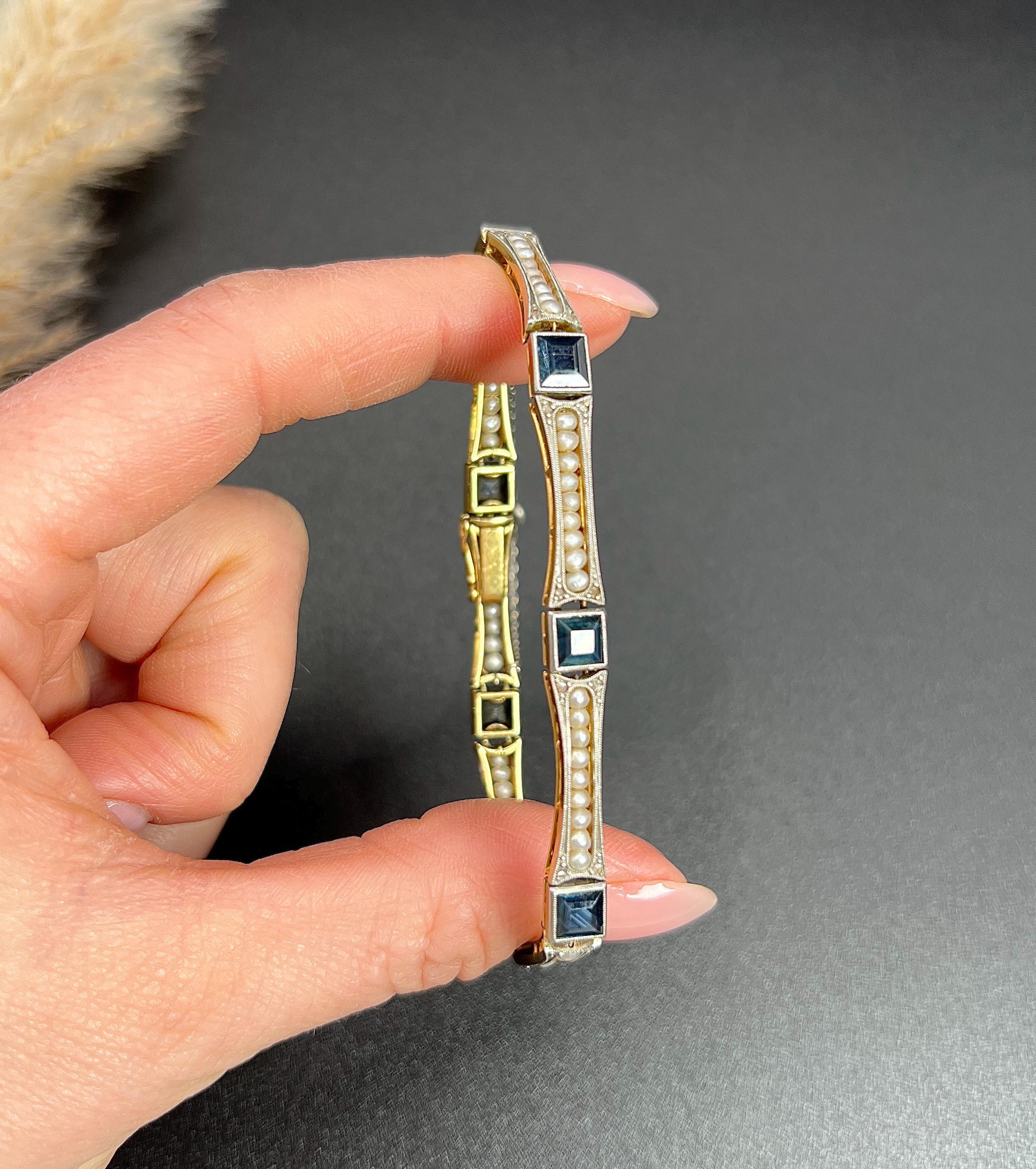 Women's or Men's Antique 18ct Yellow Gold & Platinum, Edwardian Sapphire and Seed Pearl Bracelet For Sale