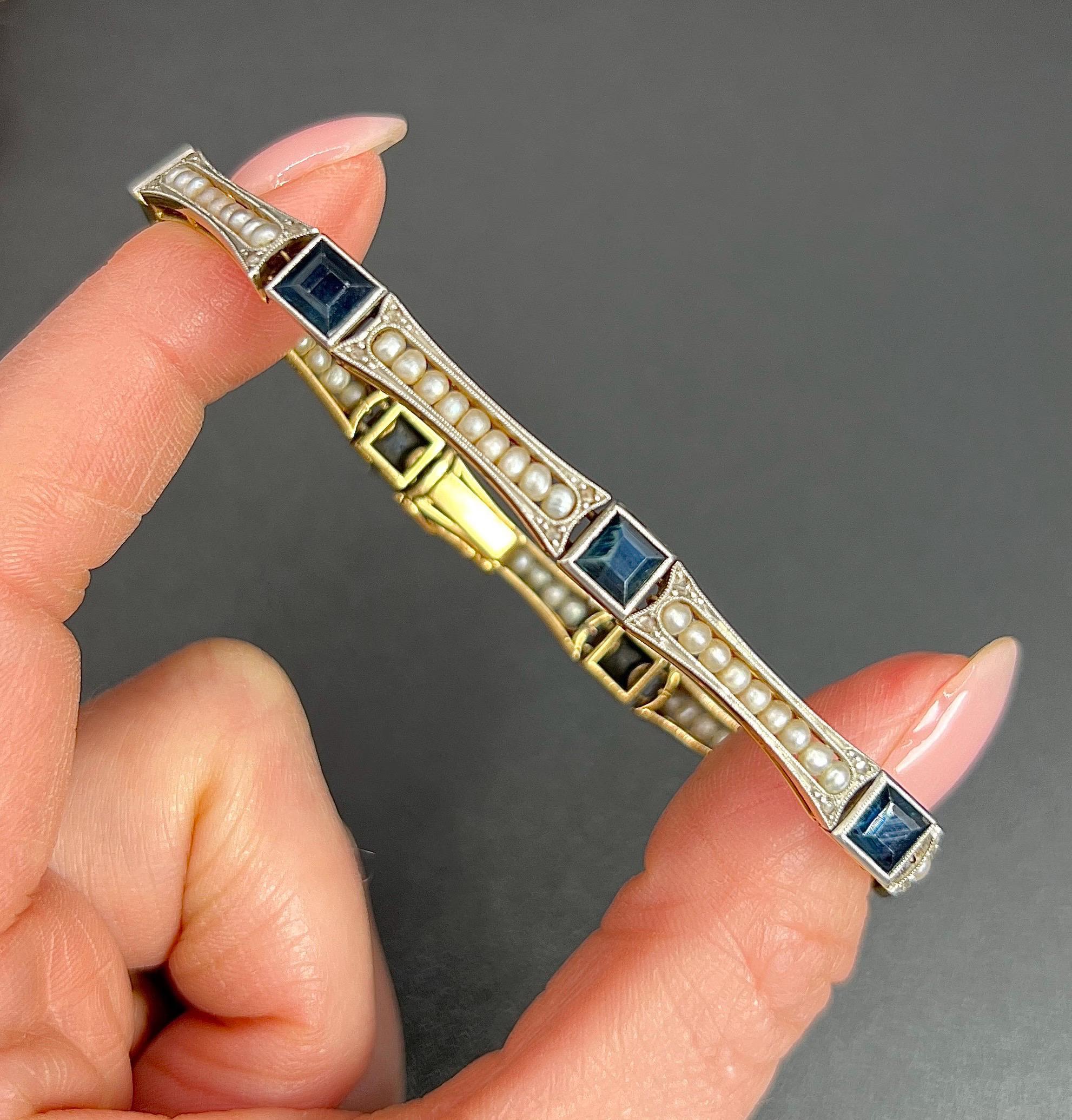 Antique 18ct Yellow Gold & Platinum, Edwardian Sapphire and Seed Pearl Bracelet For Sale 1