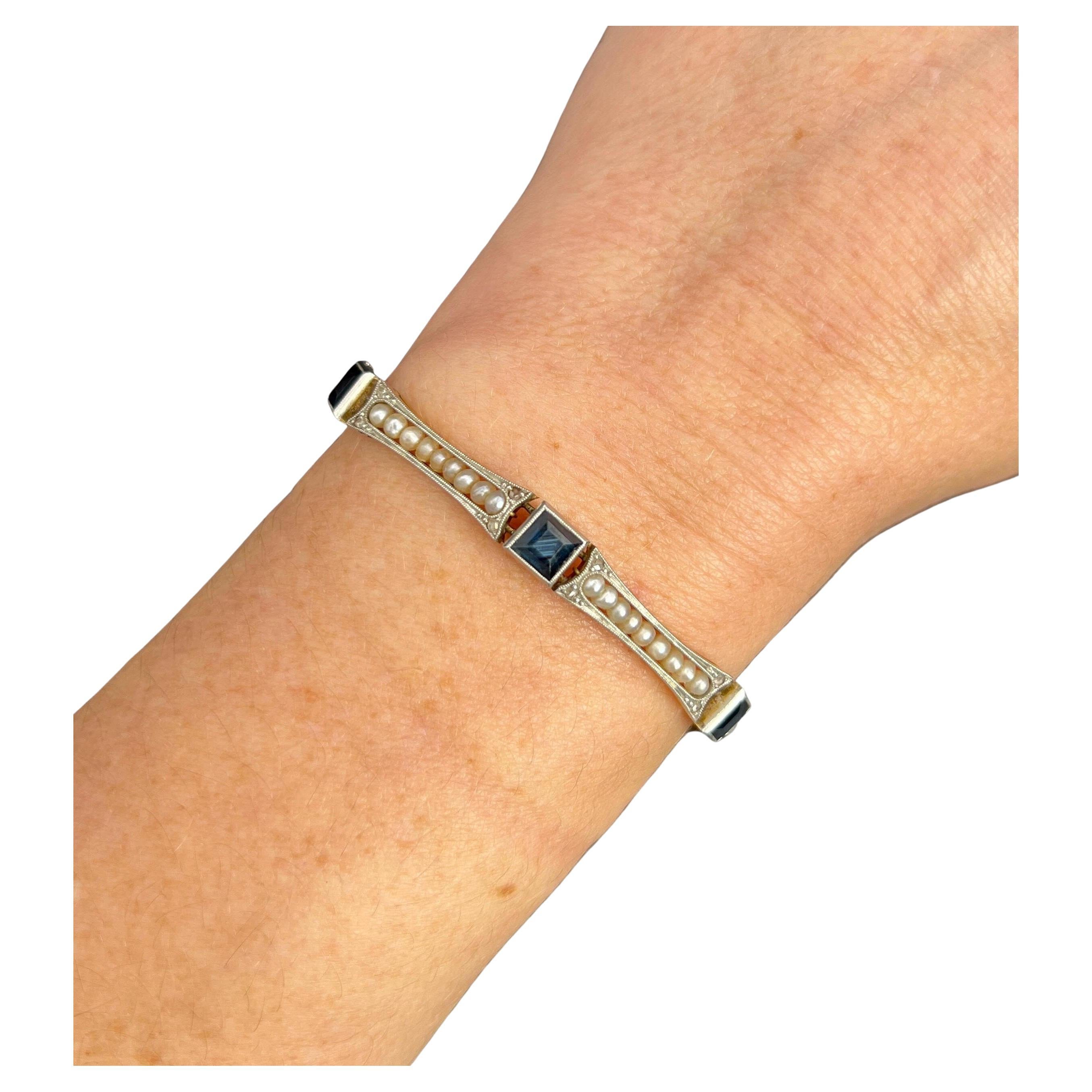 Antique 18ct Yellow Gold & Platinum, Edwardian Sapphire and Seed Pearl Bracelet