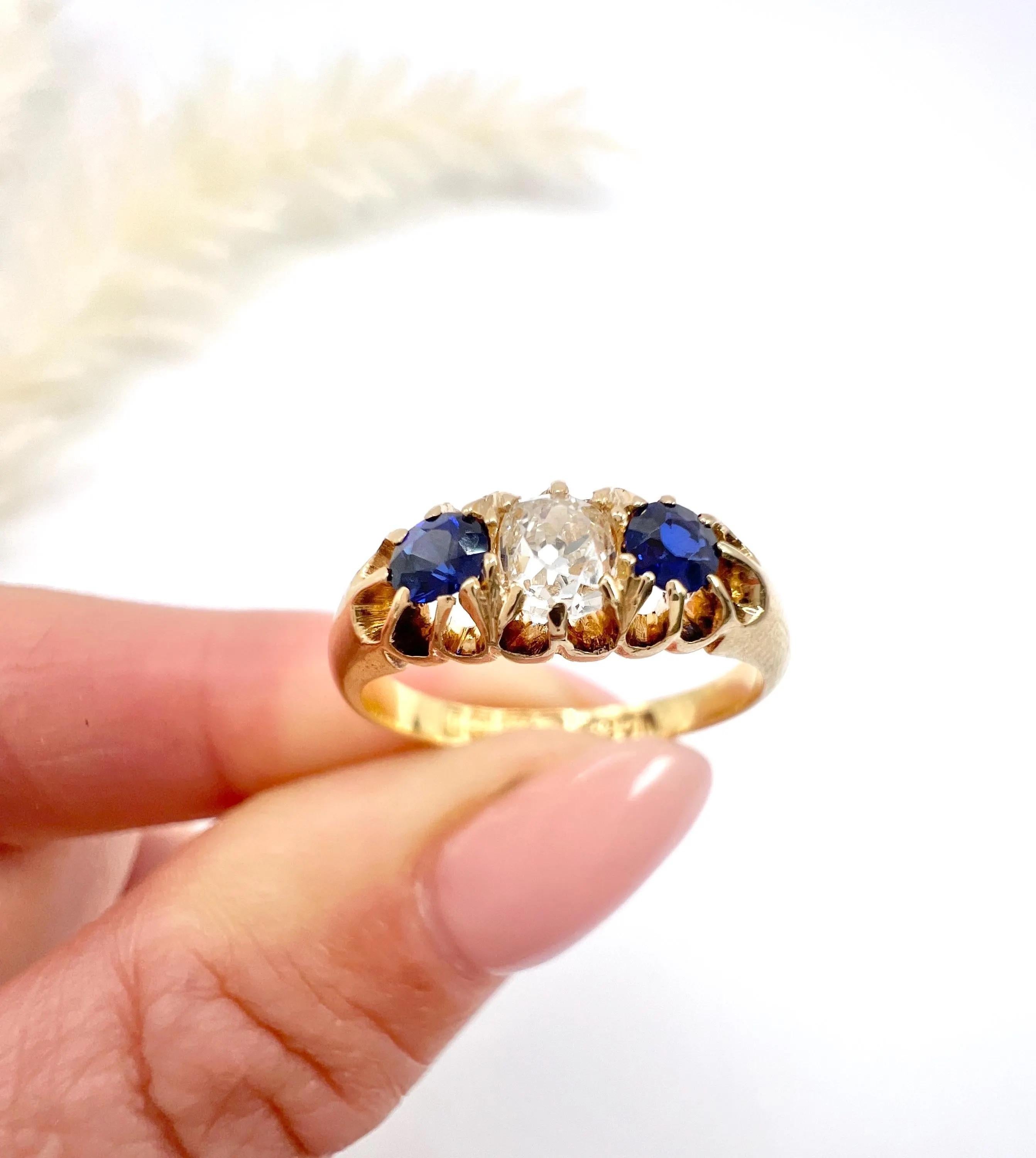 Antique 18ct Gold Sapphire & Diamond 3 Stone Ring Hallmarked Birmingham 1908 4