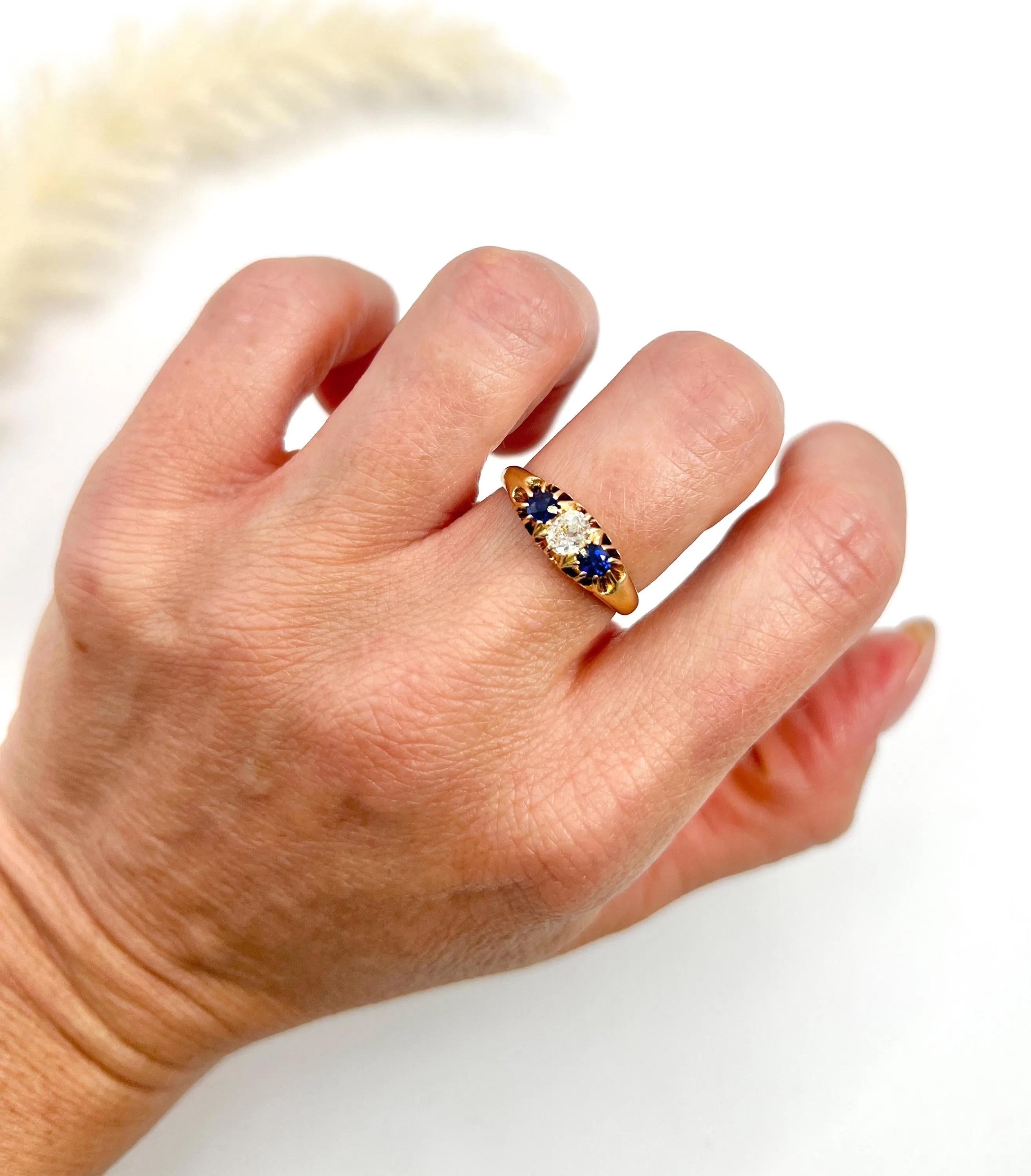 Antique 18ct Gold Sapphire & Diamond 3 Stone Ring Hallmarked Birmingham 1908 1
