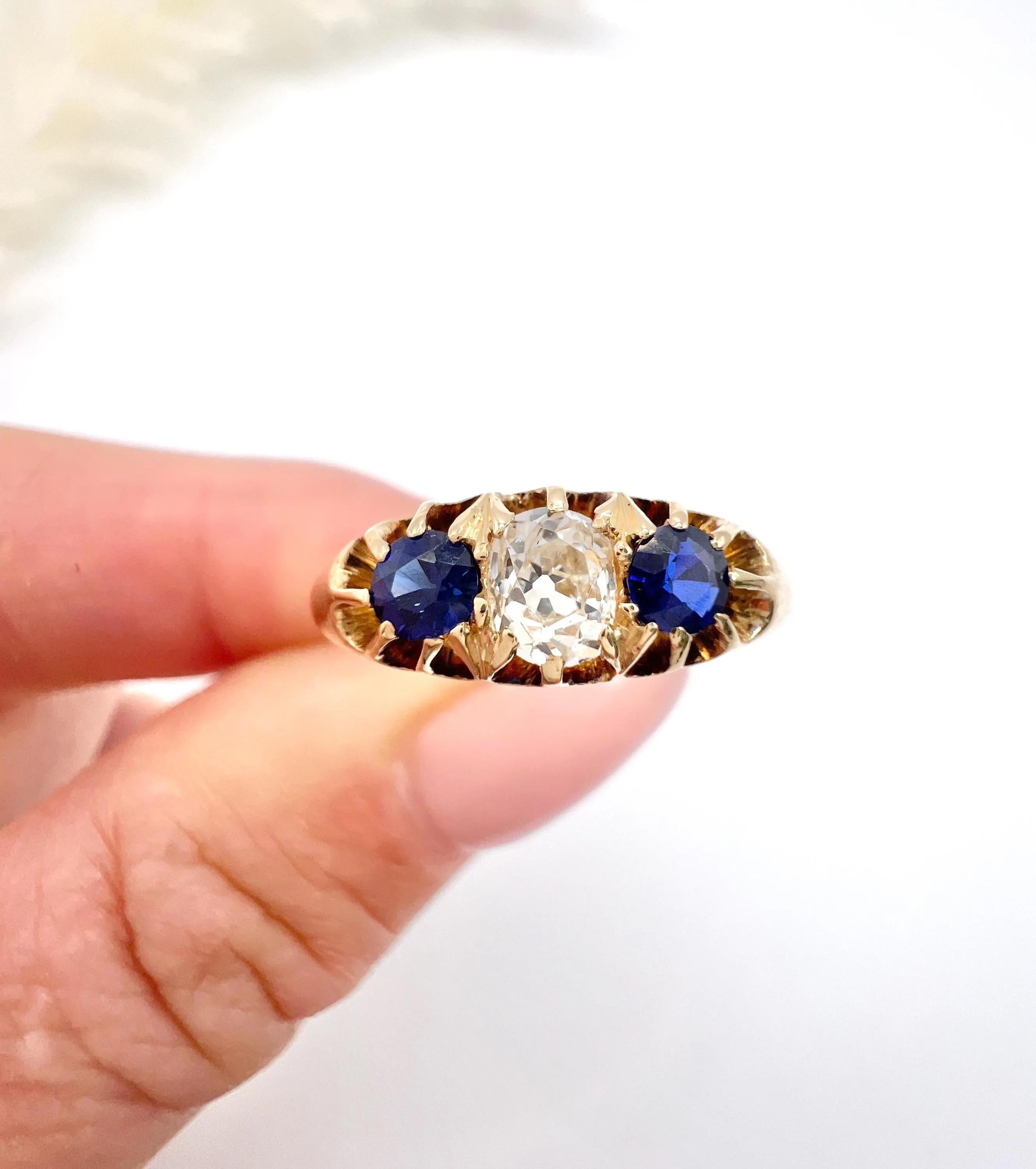 Antique 18ct Gold Sapphire & Diamond 3 Stone Ring Hallmarked Birmingham 1908 2