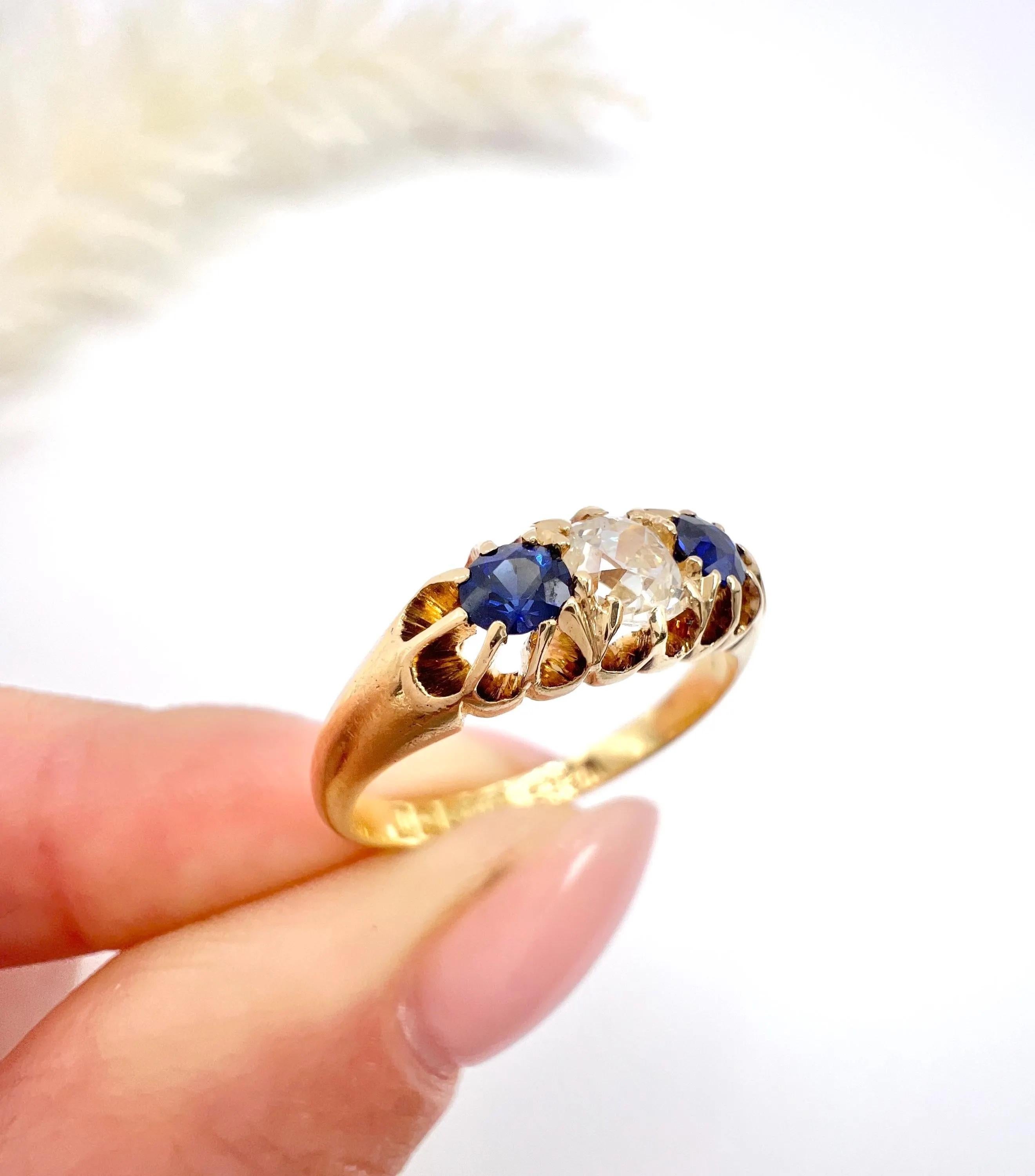 Antique 18ct Gold Sapphire & Diamond 3 Stone Ring Hallmarked Birmingham 1908 3