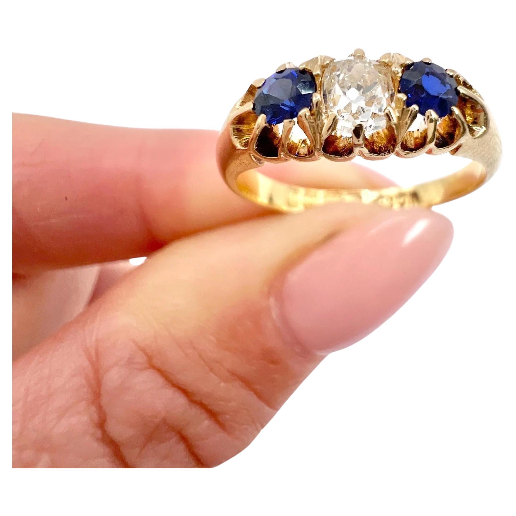 Antique 18ct Gold Sapphire & Diamond 3 Stone Ring Hallmarked Birmingham 1908