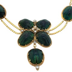 Antique 18ct Yellow Gold Scarab Beetle Necklace with Rose-Cut Diamonds – 15"