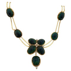 Antique 18ct Yellow Gold Scarab Beetle Necklace with Rose-Cut Diamonds – 15"