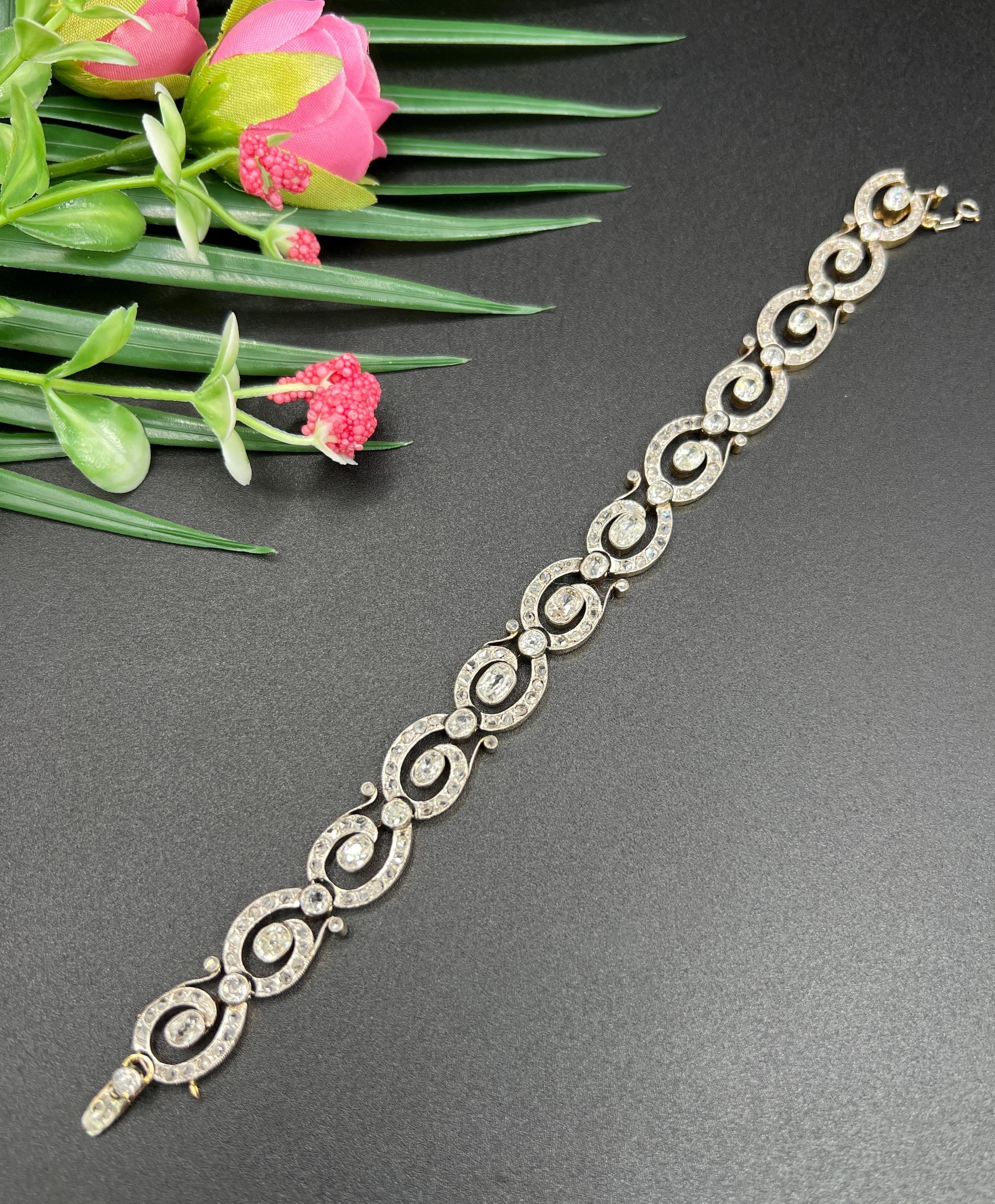 Antique 18ct Yellow Gold & Silver French, Victorian era 7 Carat Diamond Bracelet For Sale 5