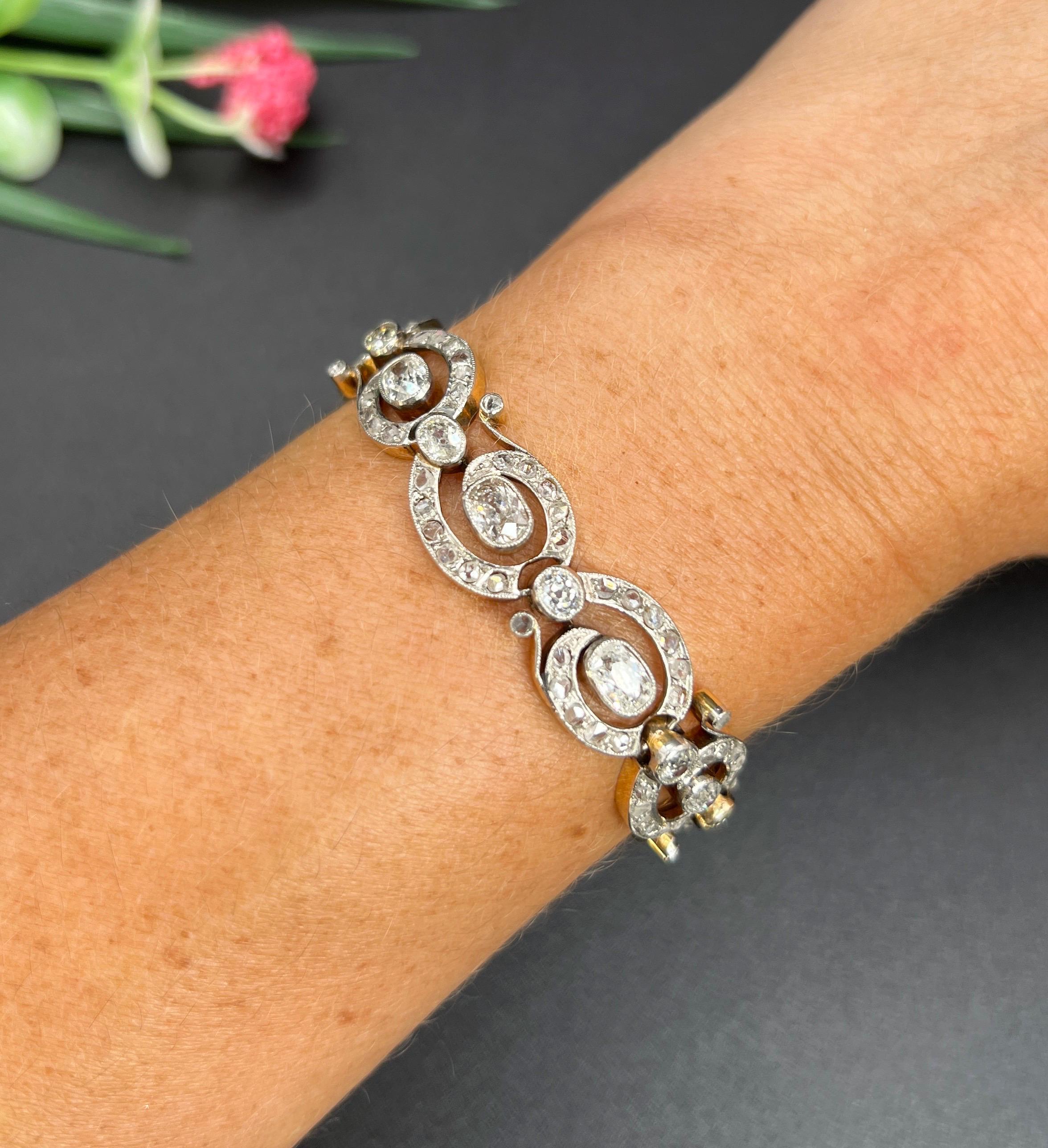 Antique 18ct Yellow Gold & Silver French, Victorian era 7 Carat Diamond Bracelet For Sale 6