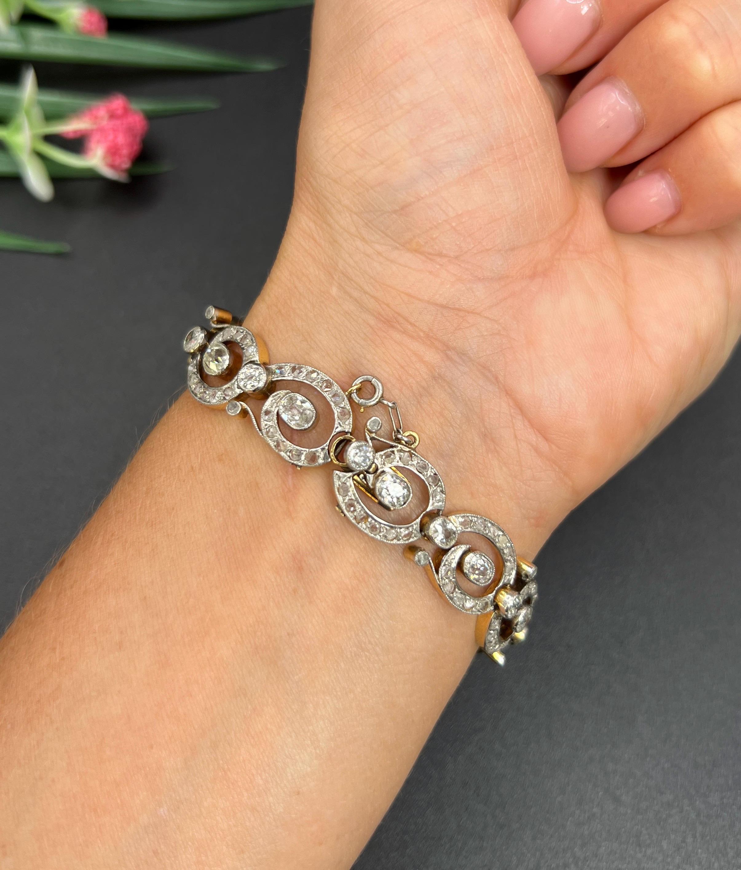 Antique Fancy Link Bracelet 

18ct Yellow Gold & Silver French Hallmarked

Circa 1870

Step into elegance with this stunning Victorian era bracelet, crafted in 18ct yellow gold and showcasing an exquisite fancy swirl link design. This extraordinary