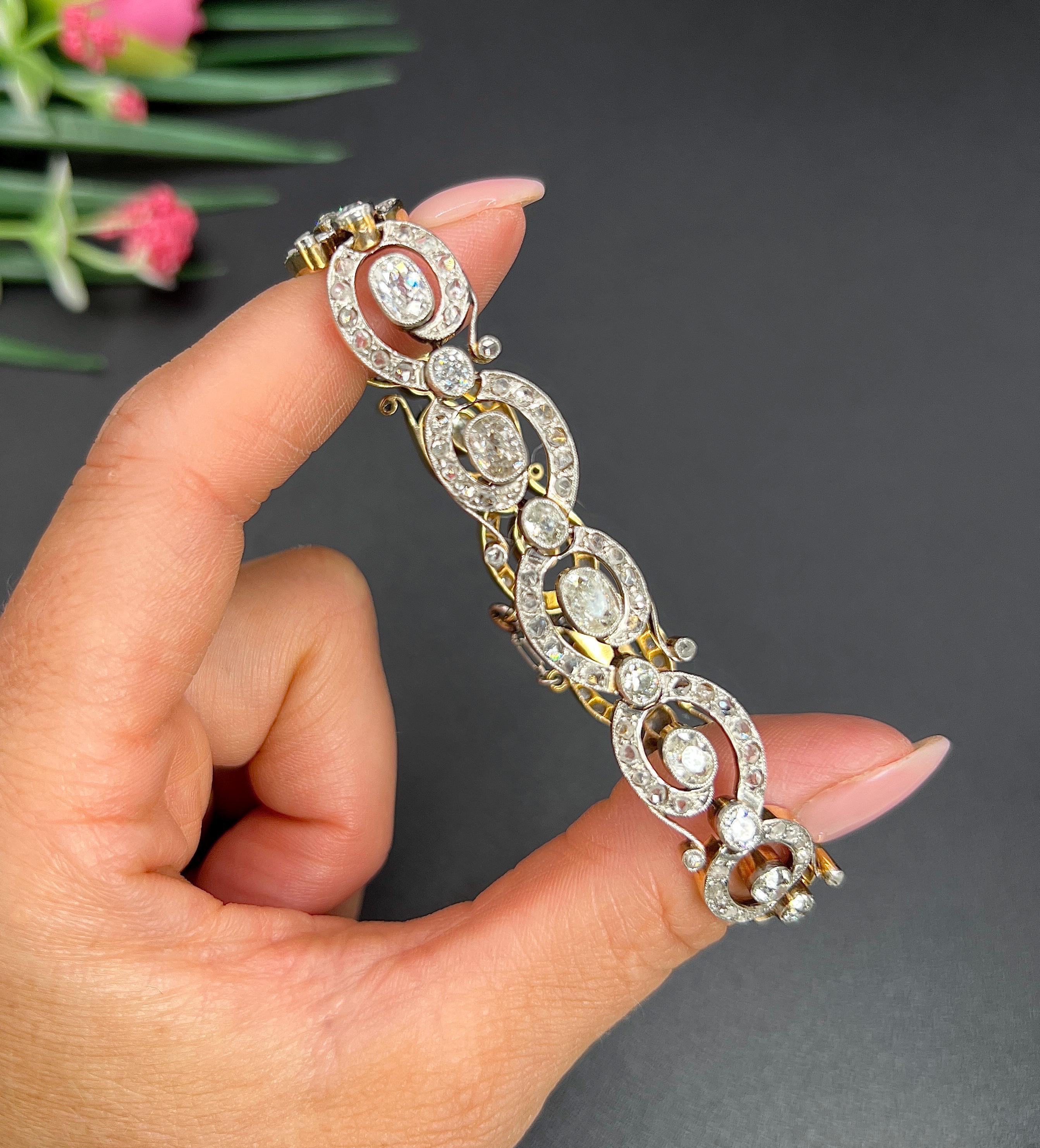 Mixed Cut Antique 18ct Yellow Gold & Silver French, Victorian era 7 Carat Diamond Bracelet For Sale