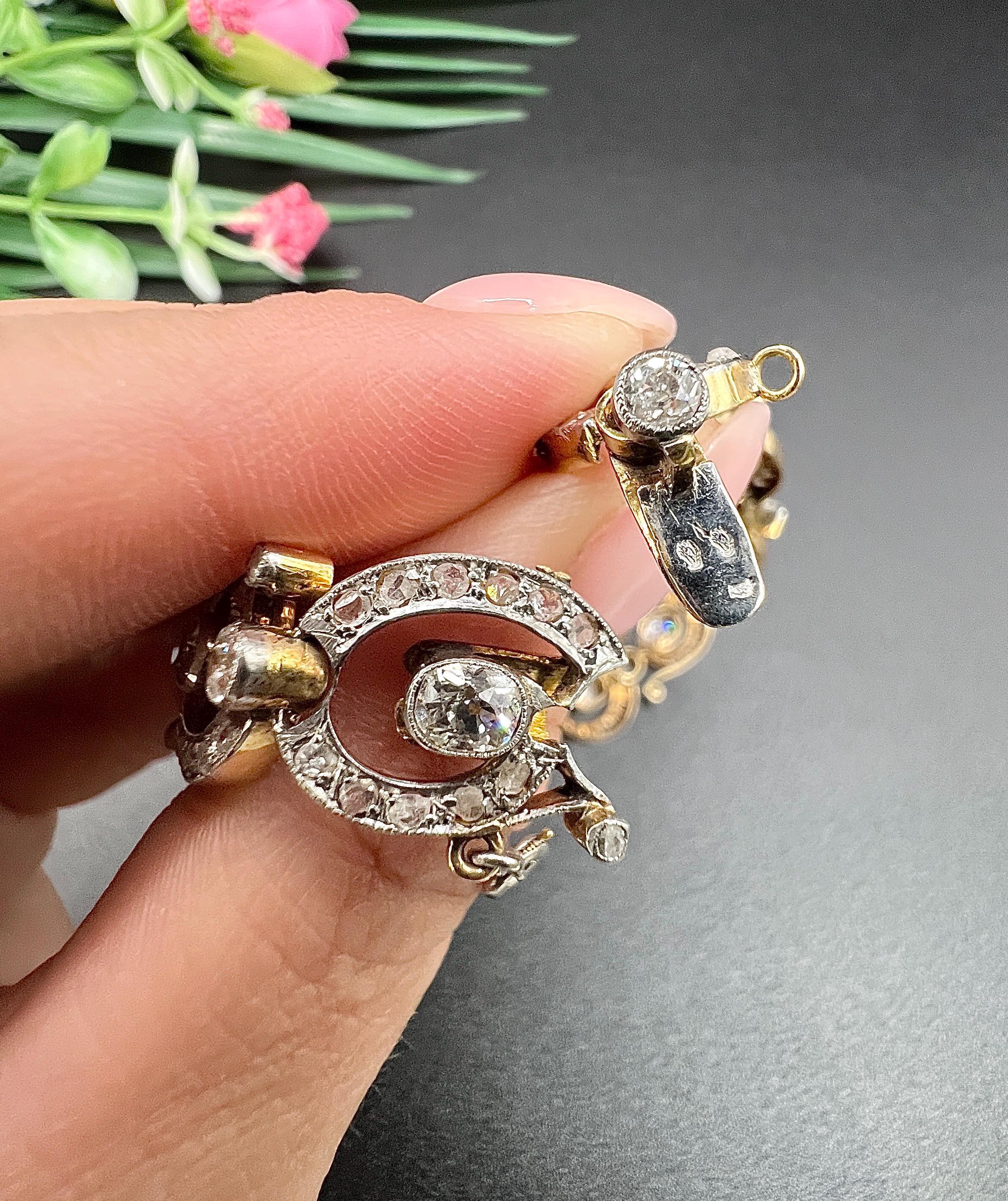 Antique 18ct Yellow Gold & Silver French, Victorian era 7 Carat Diamond Bracelet In Good Condition For Sale In Brighton, GB