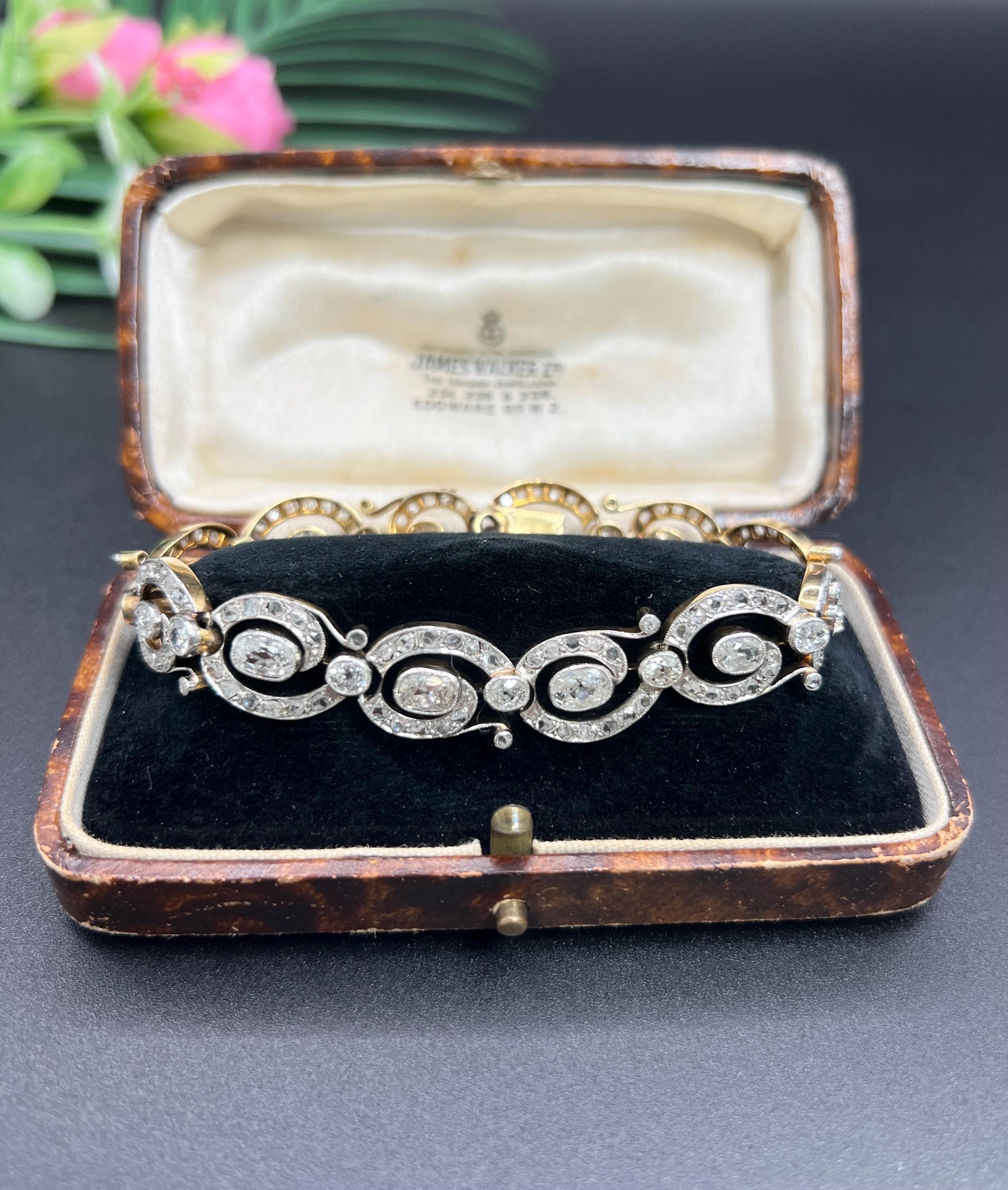 Women's or Men's Antique 18ct Yellow Gold & Silver French, Victorian era 7 Carat Diamond Bracelet For Sale