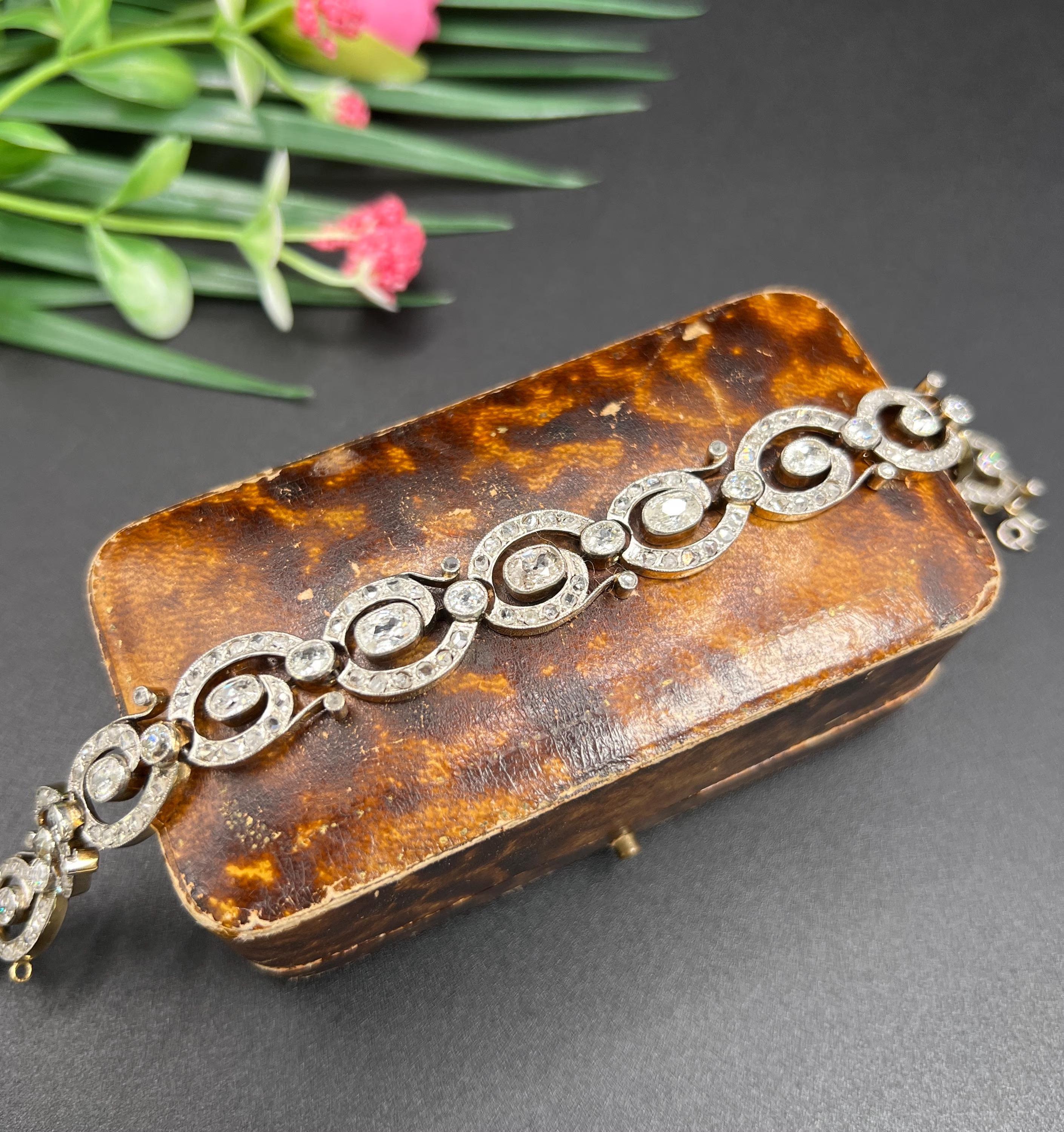 Antique 18ct Yellow Gold & Silver French, Victorian era 7 Carat Diamond Bracelet For Sale 1