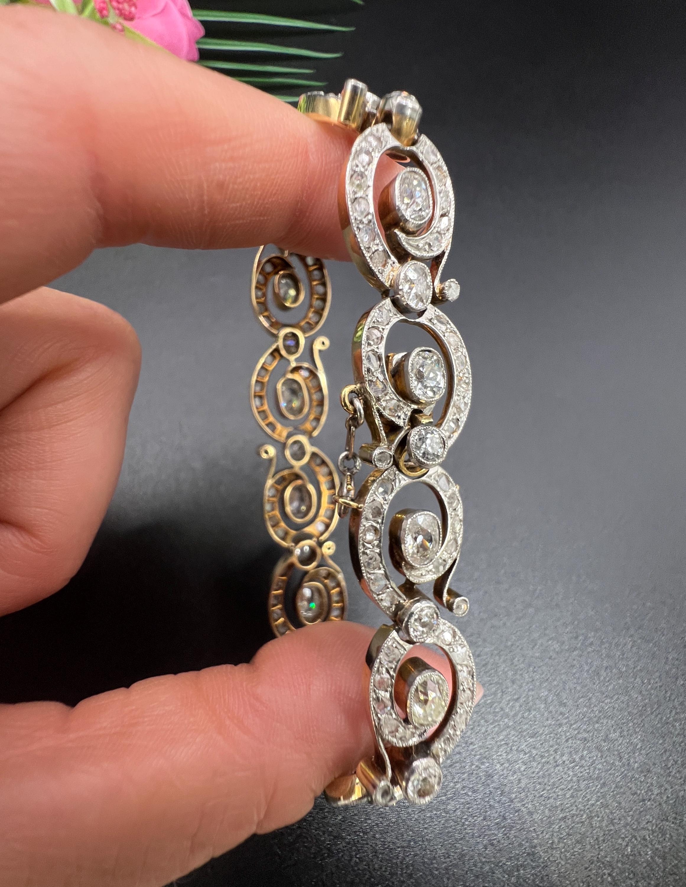 Antique 18ct Yellow Gold & Silver French, Victorian era 7 Carat Diamond Bracelet For Sale 3