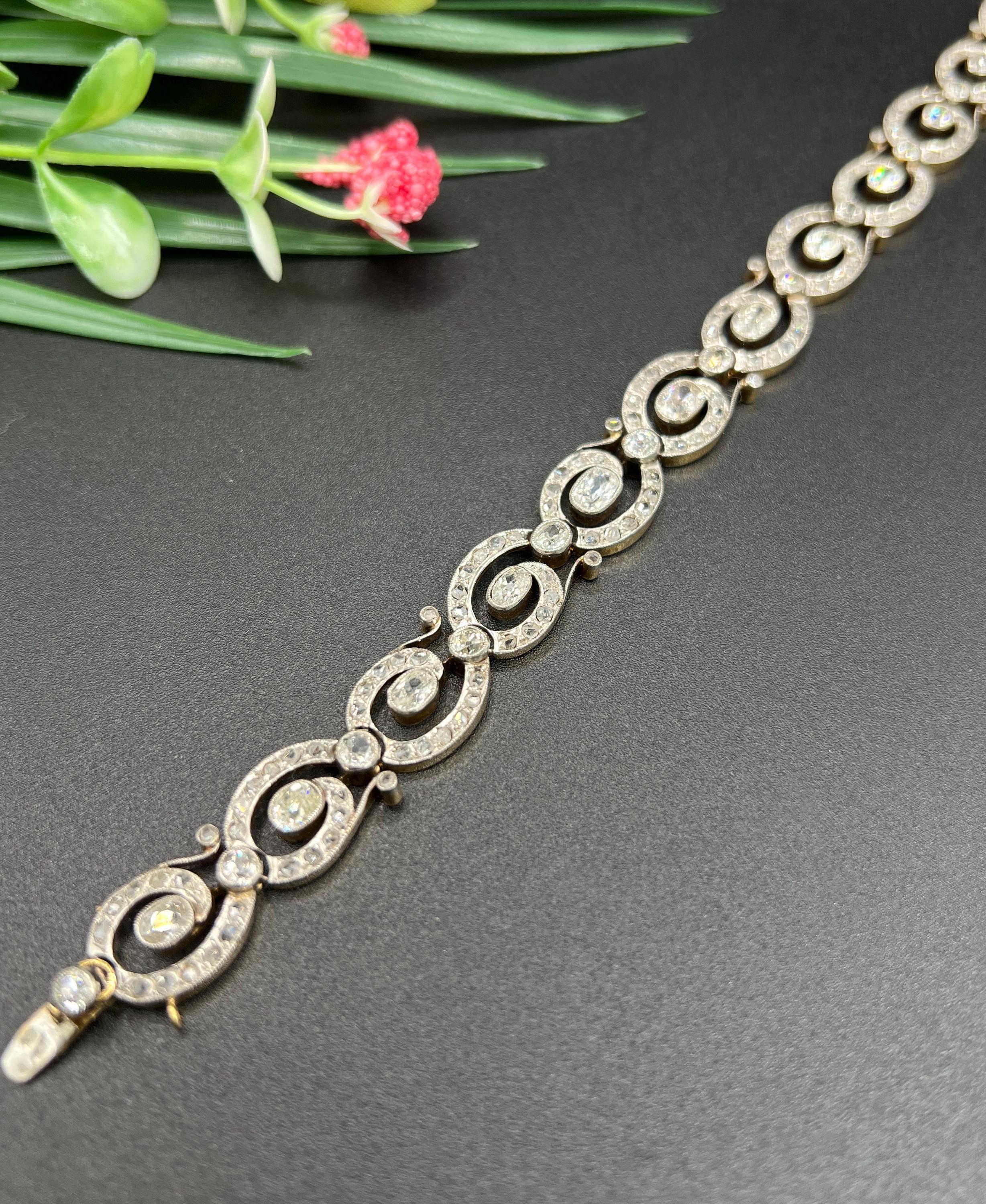 Antique 18ct Yellow Gold & Silver French, Victorian era 7 Carat Diamond Bracelet For Sale 4