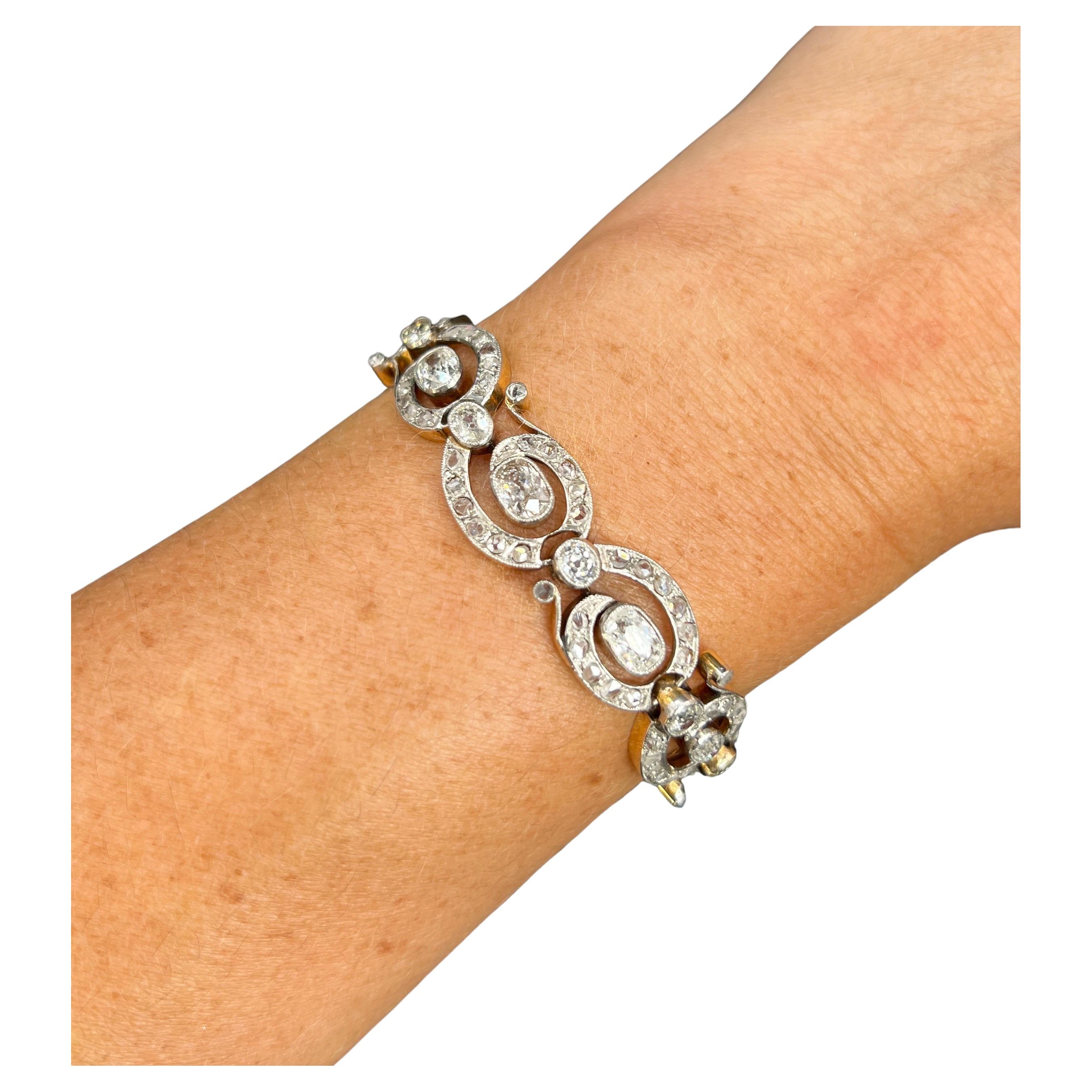 Antique 18ct Yellow Gold & Silver French, Victorian era 7 Carat Diamond Bracelet For Sale