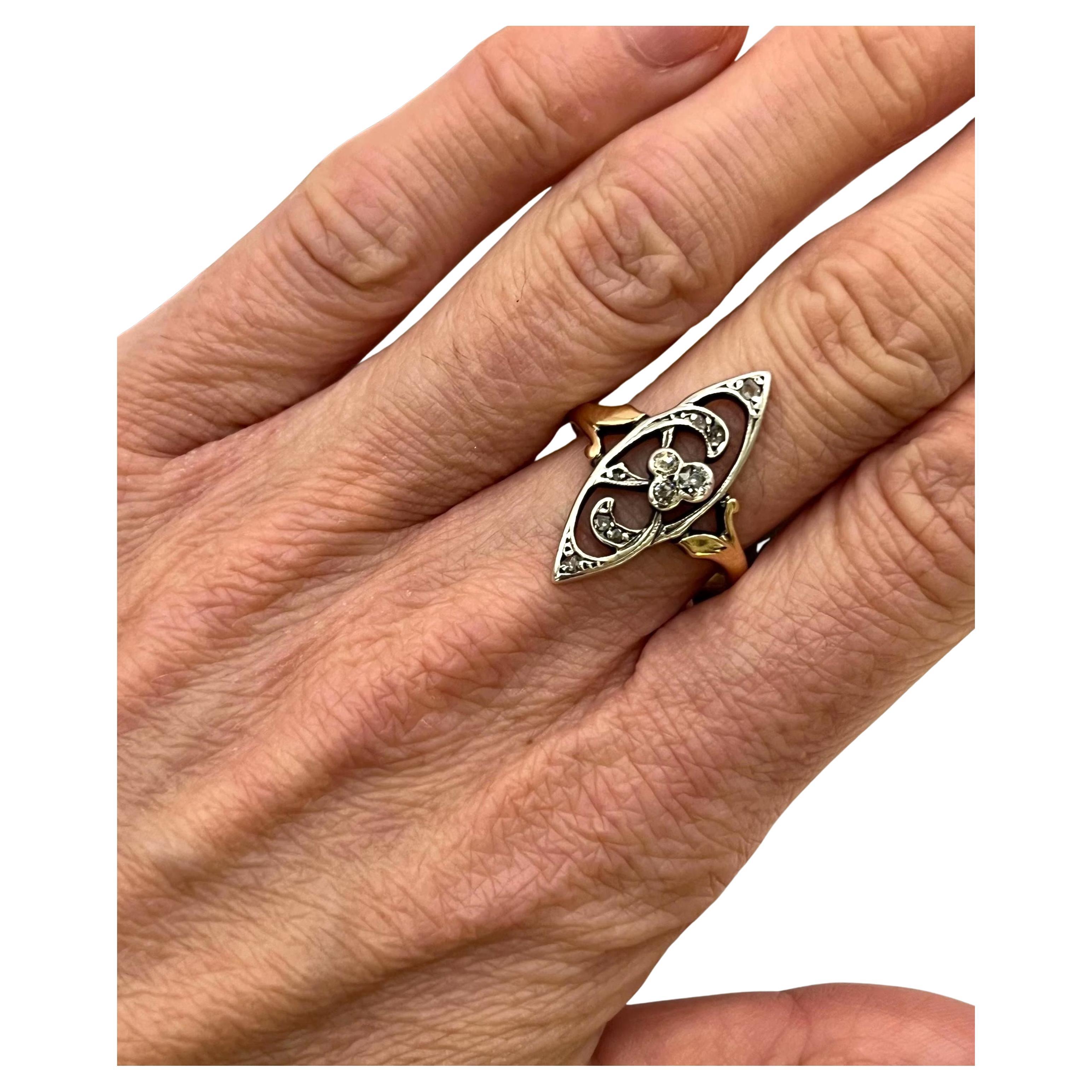 Antique 18ct Yellow Gold Silver Set, Art Nouveau Diamond Ring For Sale