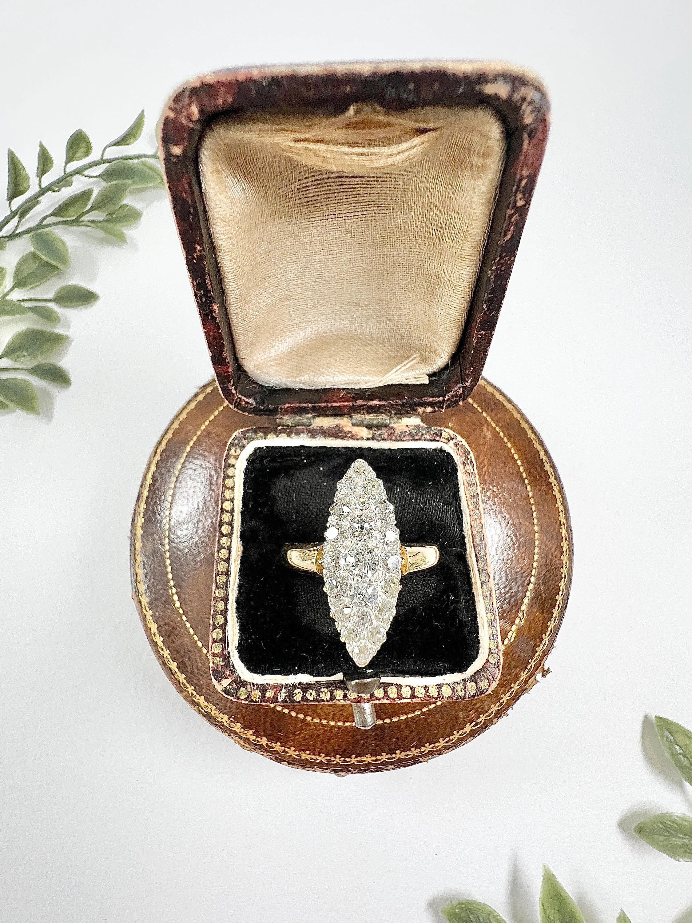 Old European Cut Antique 18ct Yellow Gold Stamped, Victorian Diamond Marquise/Navette Ring For Sale