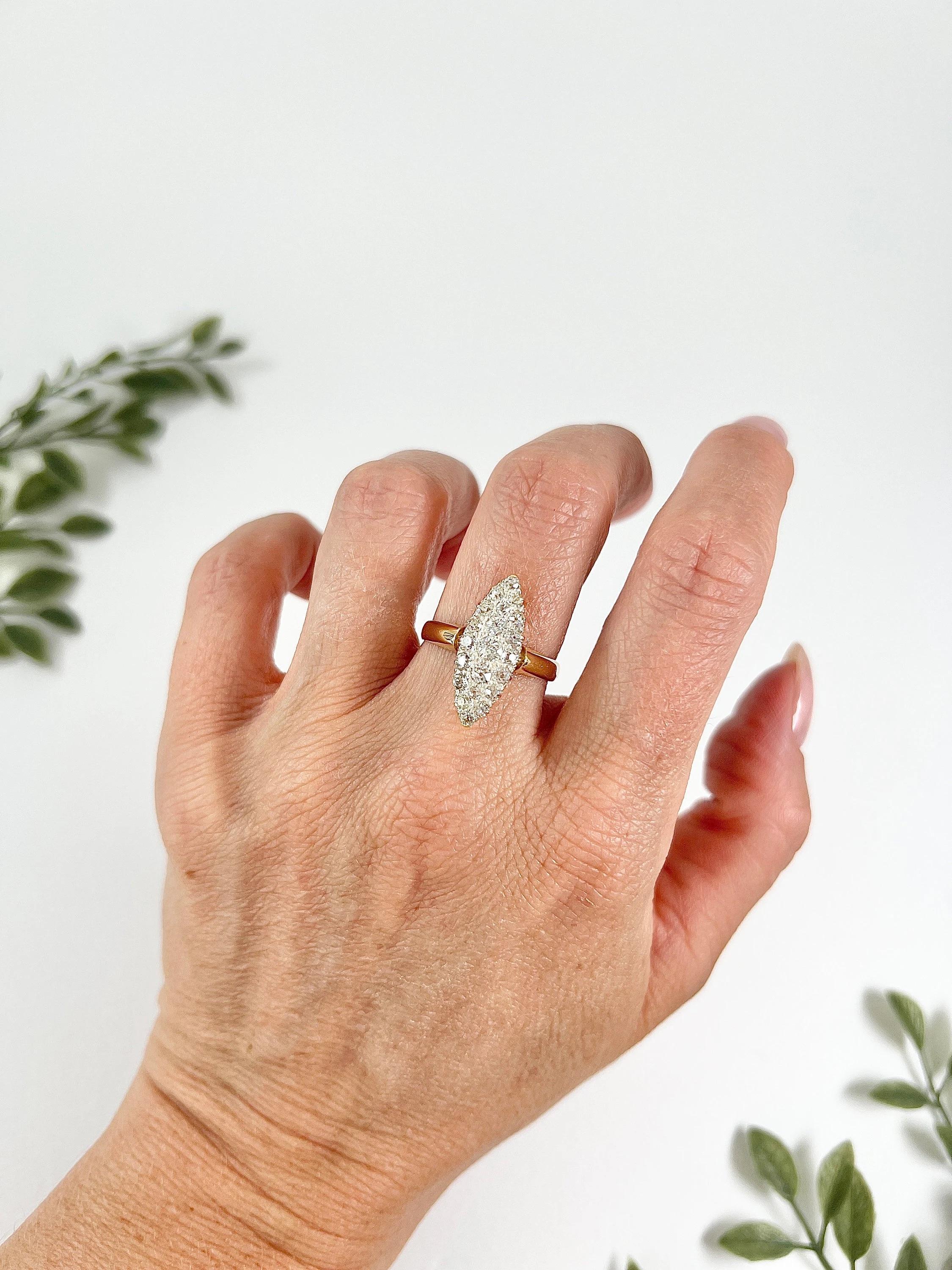 Antique 18ct Yellow Gold Stamped, Victorian Diamond Marquise/Navette Ring For Sale 1
