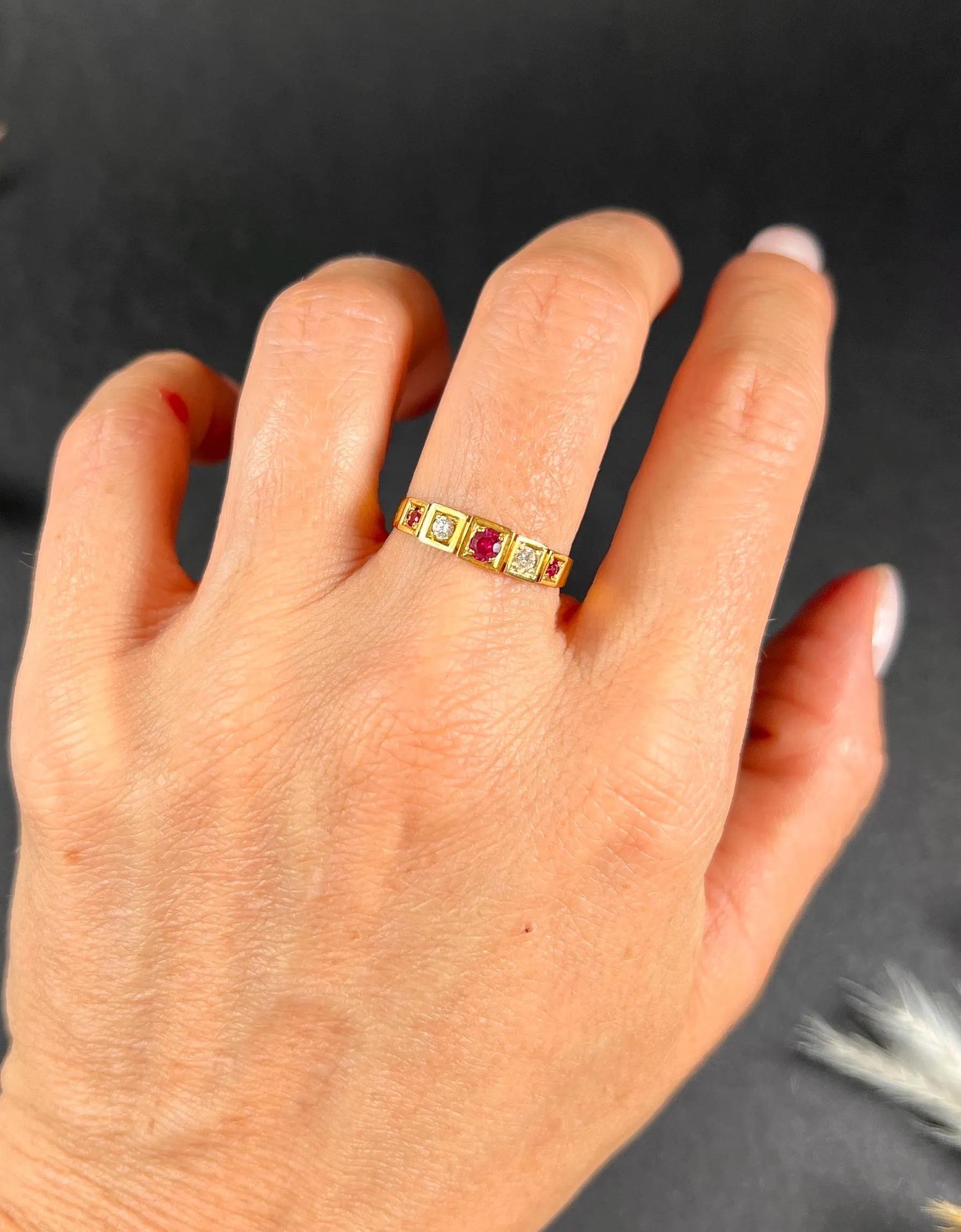 Old European Cut Antique 18ct Yellow Gold Stamped, Victorian Ruby & Diamond Five Stone Ring For Sale