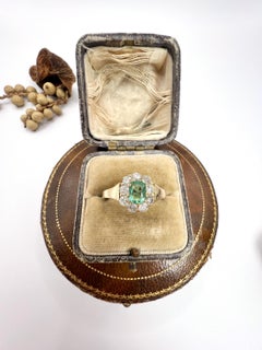 Antique 18ct Yellow Gold, Victorian Cushion Cut Emerald & Diamond Cluster Ring