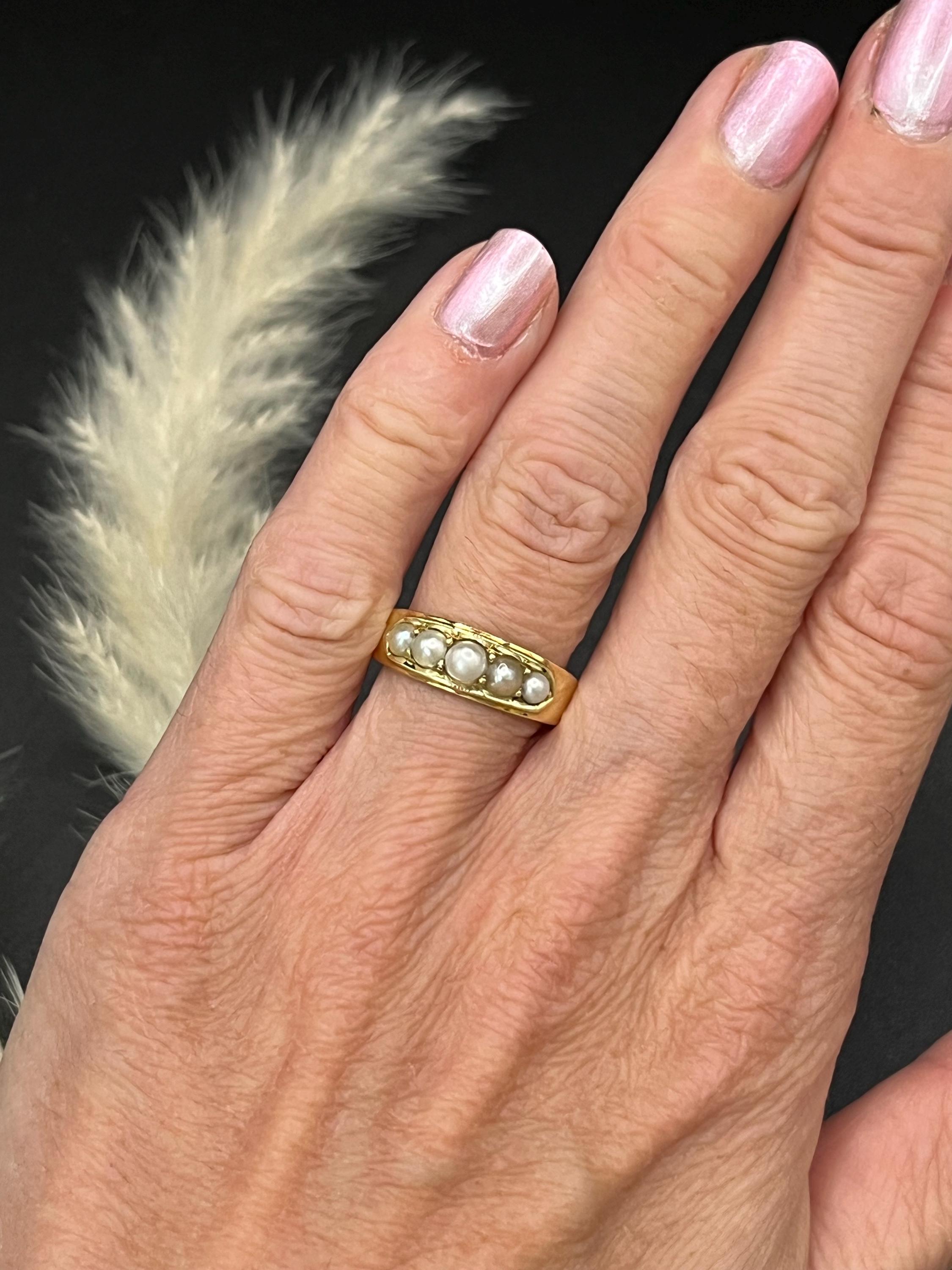 Round Cut Antique 18ct Yellow Gold, Victorian Five Stone Pearl Ring Hallmarked London 1874 For Sale