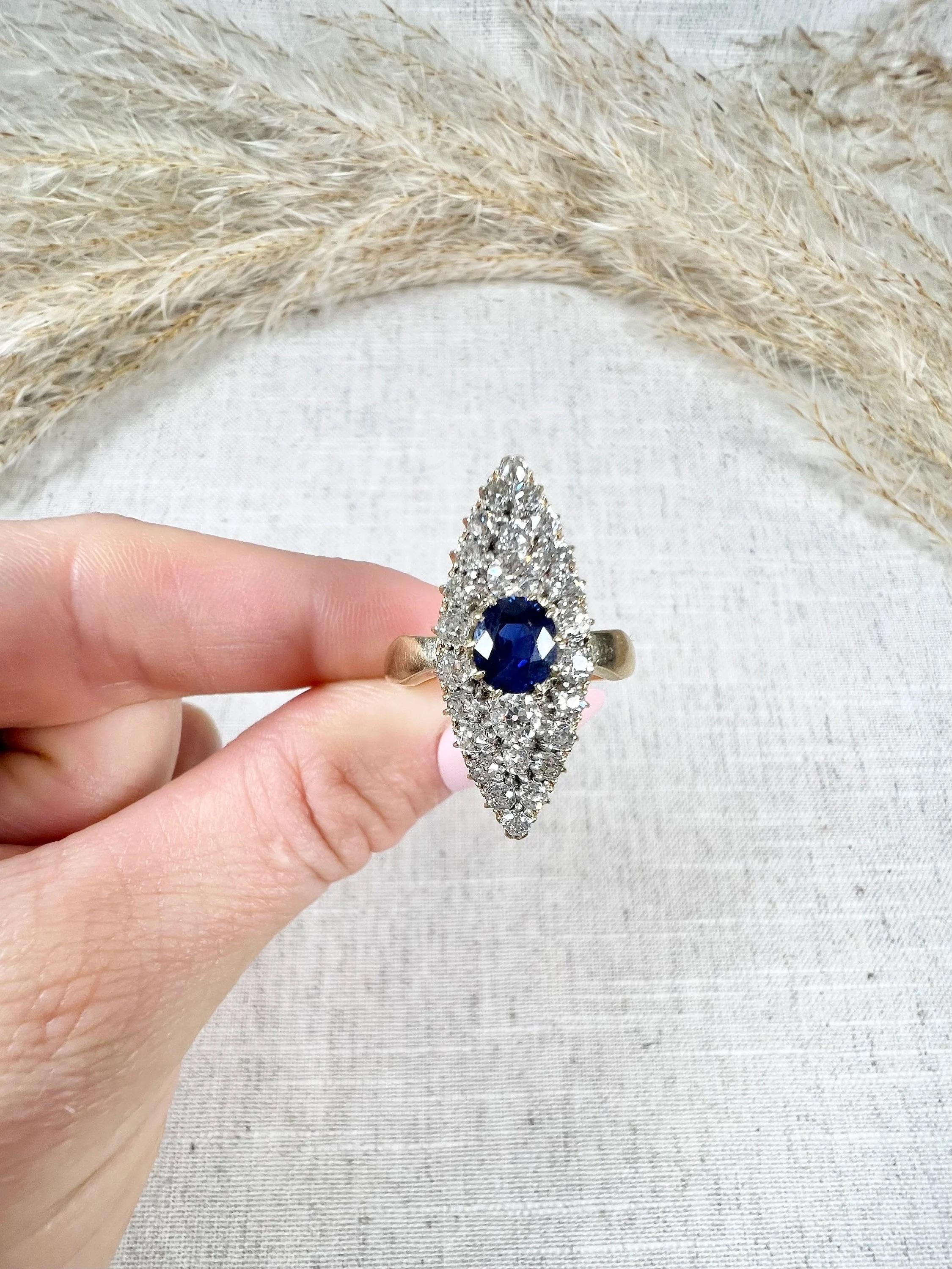 Antique 18ct Yellow Gold Victorian Natural Sapphire & Diamond Marquise Ring For Sale 1