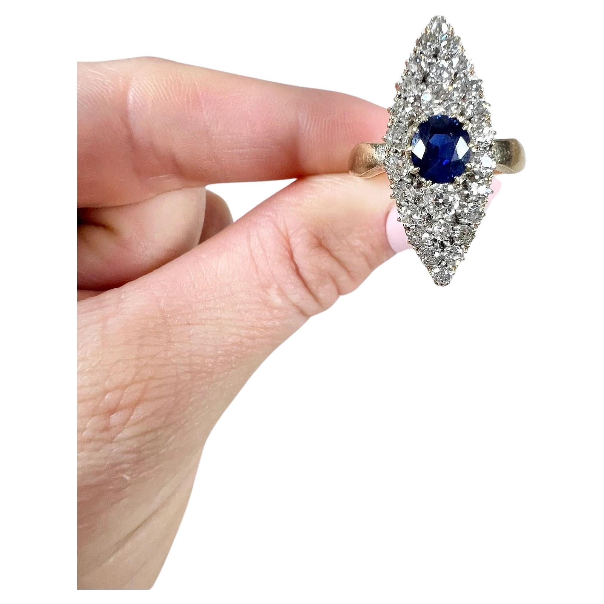 Antique 18ct Yellow Gold Victorian Natural Sapphire & Diamond Marquise Ring For Sale