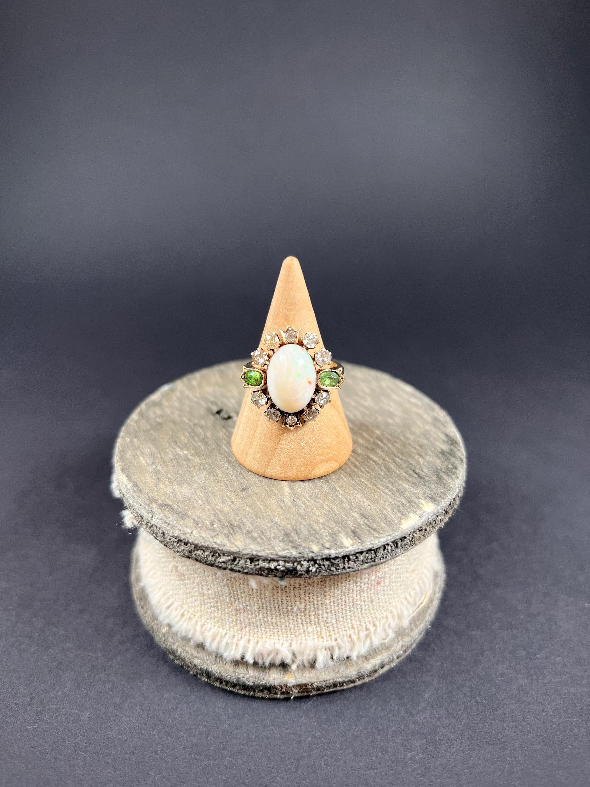 Antique 18ct Yellow Gold Victorian Opal, Diamond & Demantoid Garnet Cluster Ring For Sale 5